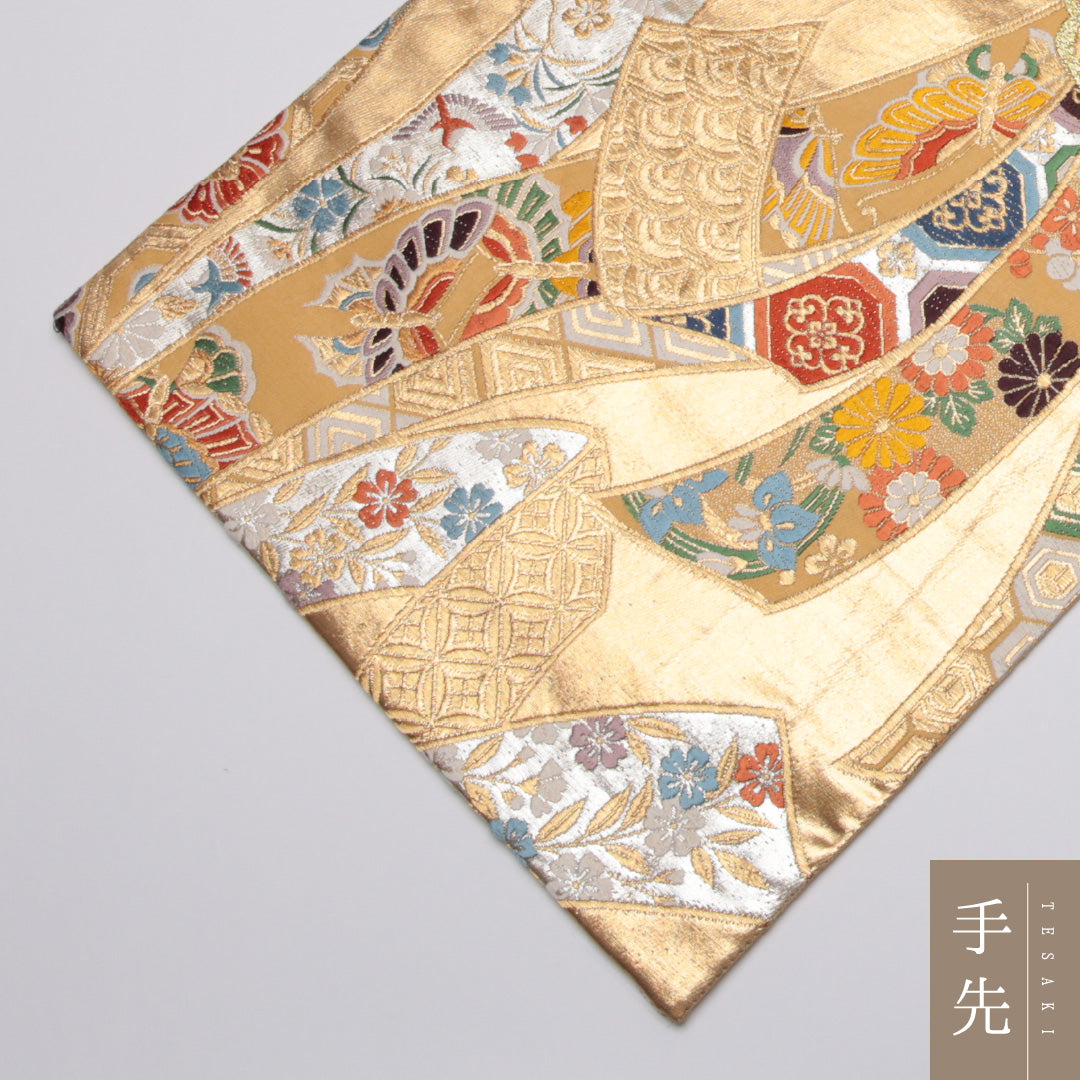 袋帯 帯丈442cm 正絹 六通 フォーマル 熨斗 古典柄 金系 1243-01115