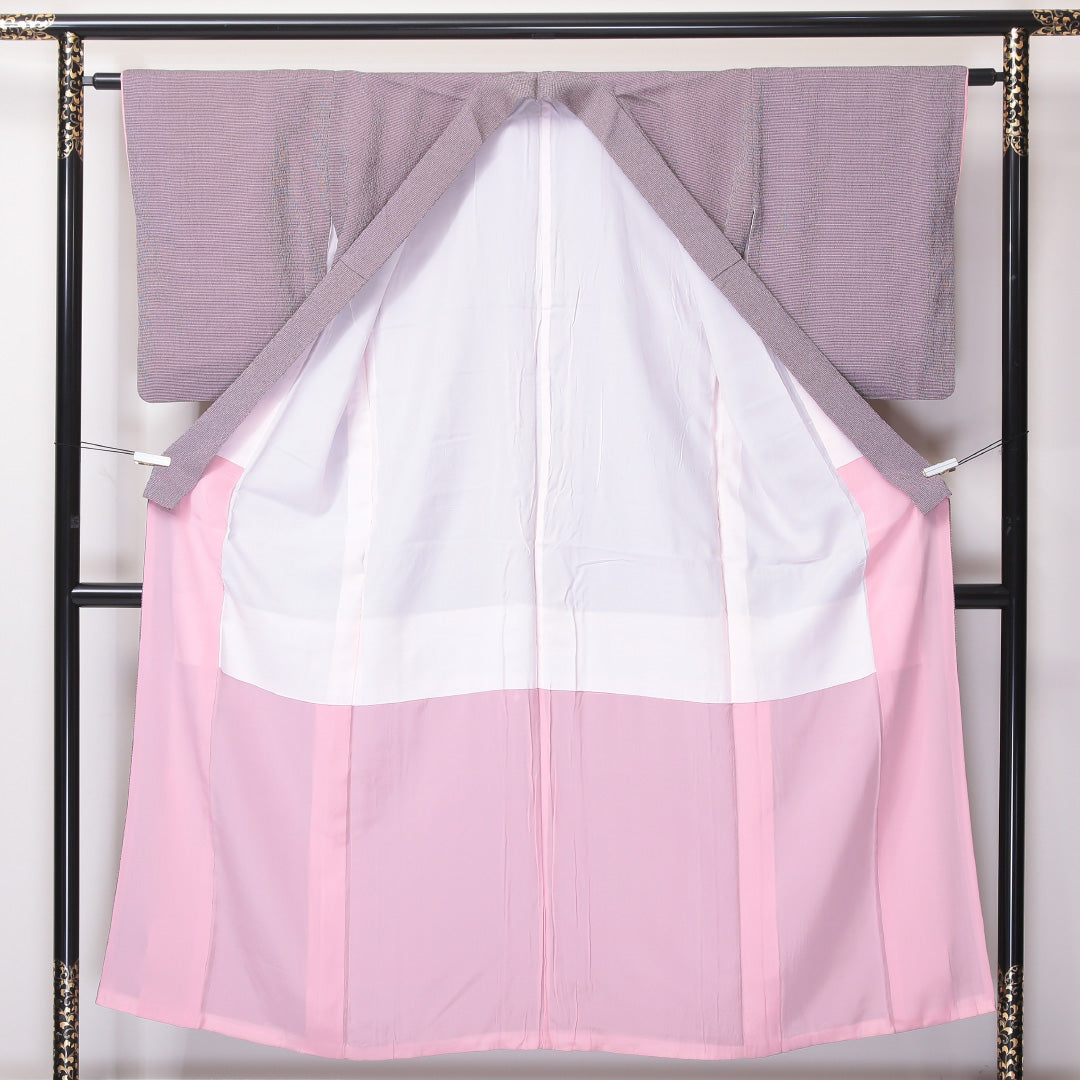 紬 袷 身丈151cm 裄丈62cm 正絹 Bランク カジュアル バチ衿 Sサイズ 無地 ピンク系 HP 1223-03569