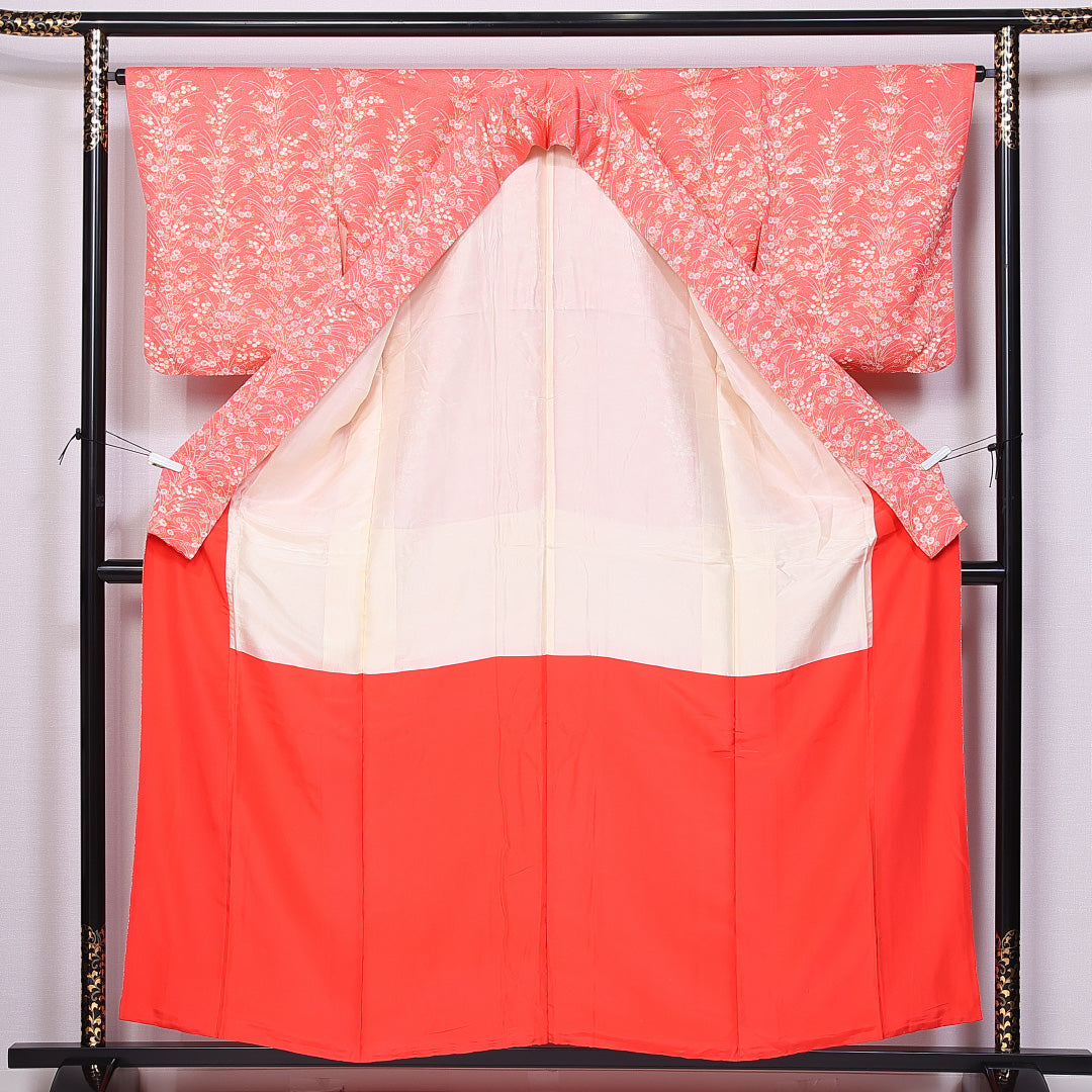 小紋 袷 身丈157cm 裄丈64cm 正絹 Sランク インフォーマル 広衿 Mサイズ 菊 ピンク系 RP 1221-10899
