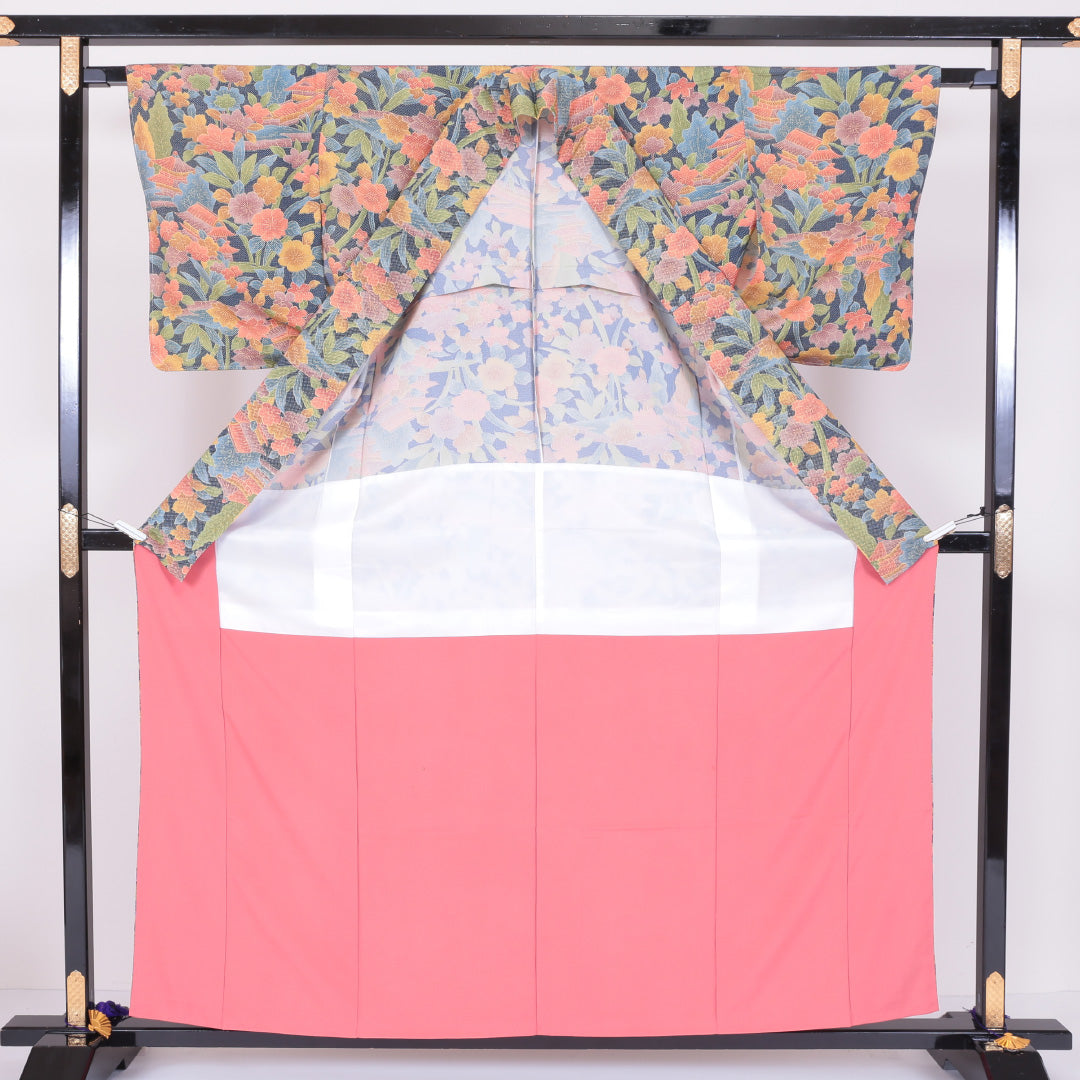 小紋 袷 身丈157cm 裄63cm 紺系 ボタニカル 楼閣 花柄 洗える着物 Sランク 1215-00080-2318