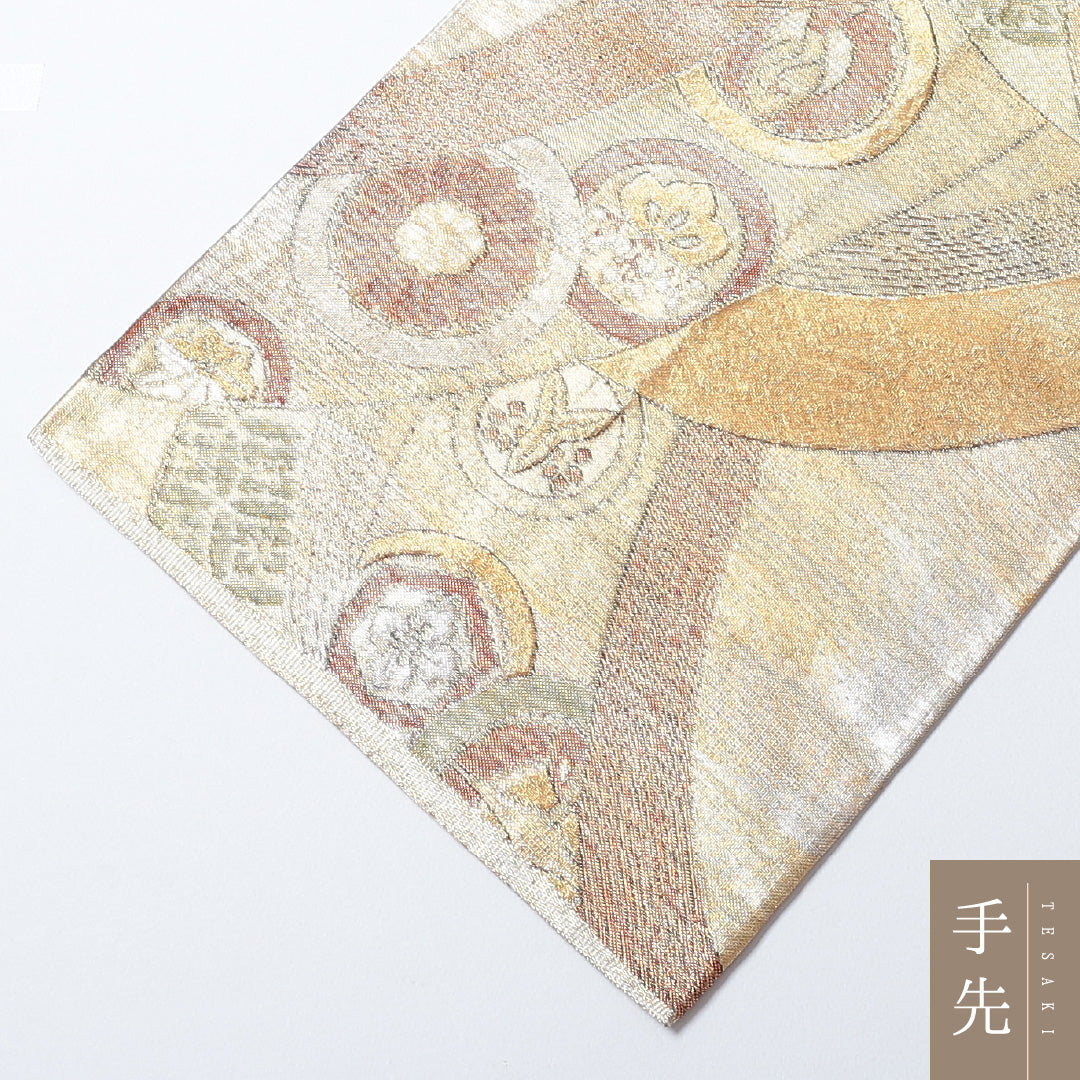袋帯 帯丈412cm 正絹 六通 フォーマル 青海波 家紋柄 金系 1243-00665
