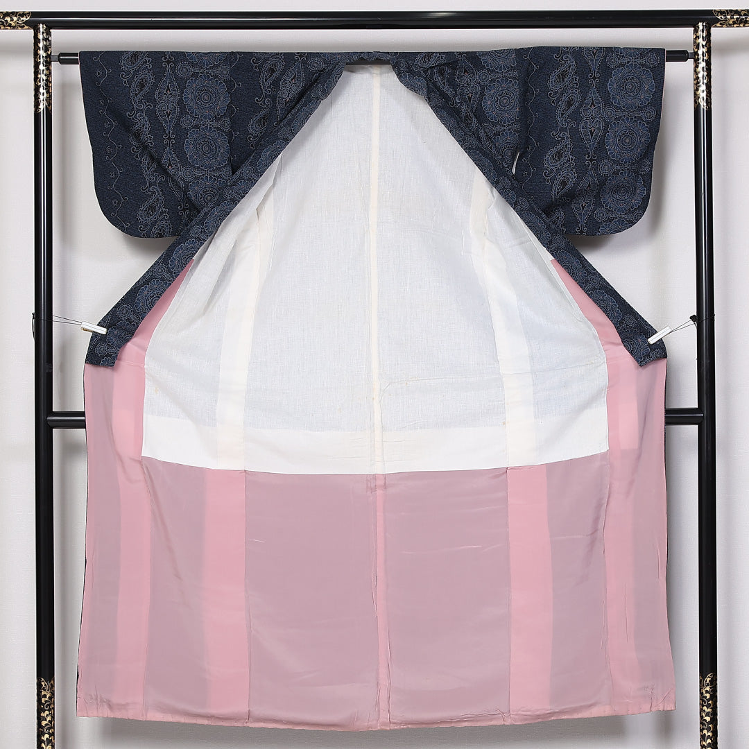 紬 袷 身丈152cm 裄61cm 洗える着物 ウール 紺系 Aランク 1216-01379