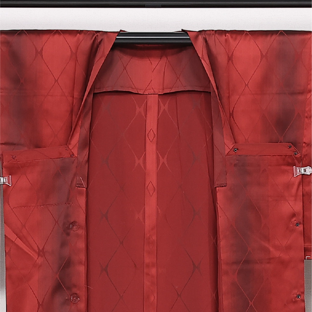 未使用品 道行コート 単衣 身丈138cm 裄丈68cm 正絹 Nランク カジュアル Lサイズ ぼかし染 ポケットあり しつけ糸 菱 赤系 RP 1237-13414