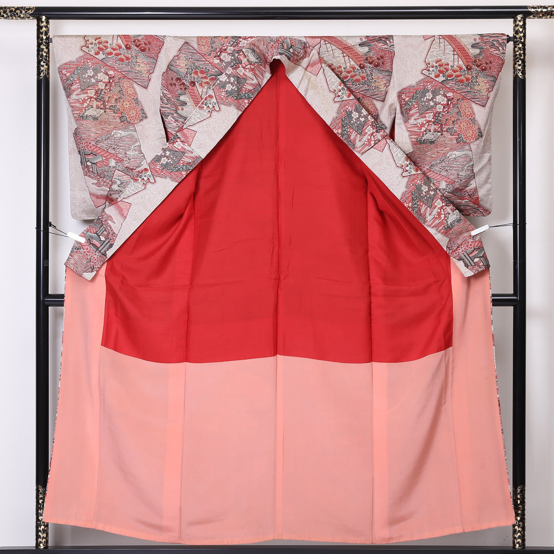 アンティーク お召 袷 身丈154cm 裄丈65cm 正絹 Dランク 広衿 Sサイズ 金彩 吉祥文様 クリーム系 RP 1222-03320