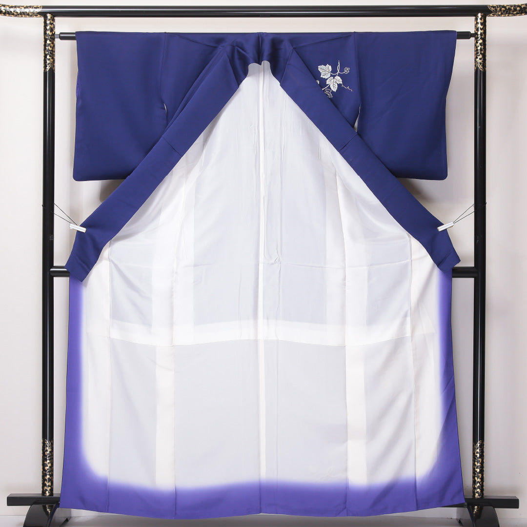 訪問着 袷 身丈160~164cm 裄62cm 正絹 葡萄 壺 蘇州刺繡 鉄紺 青系 Aランク 1212-00614
