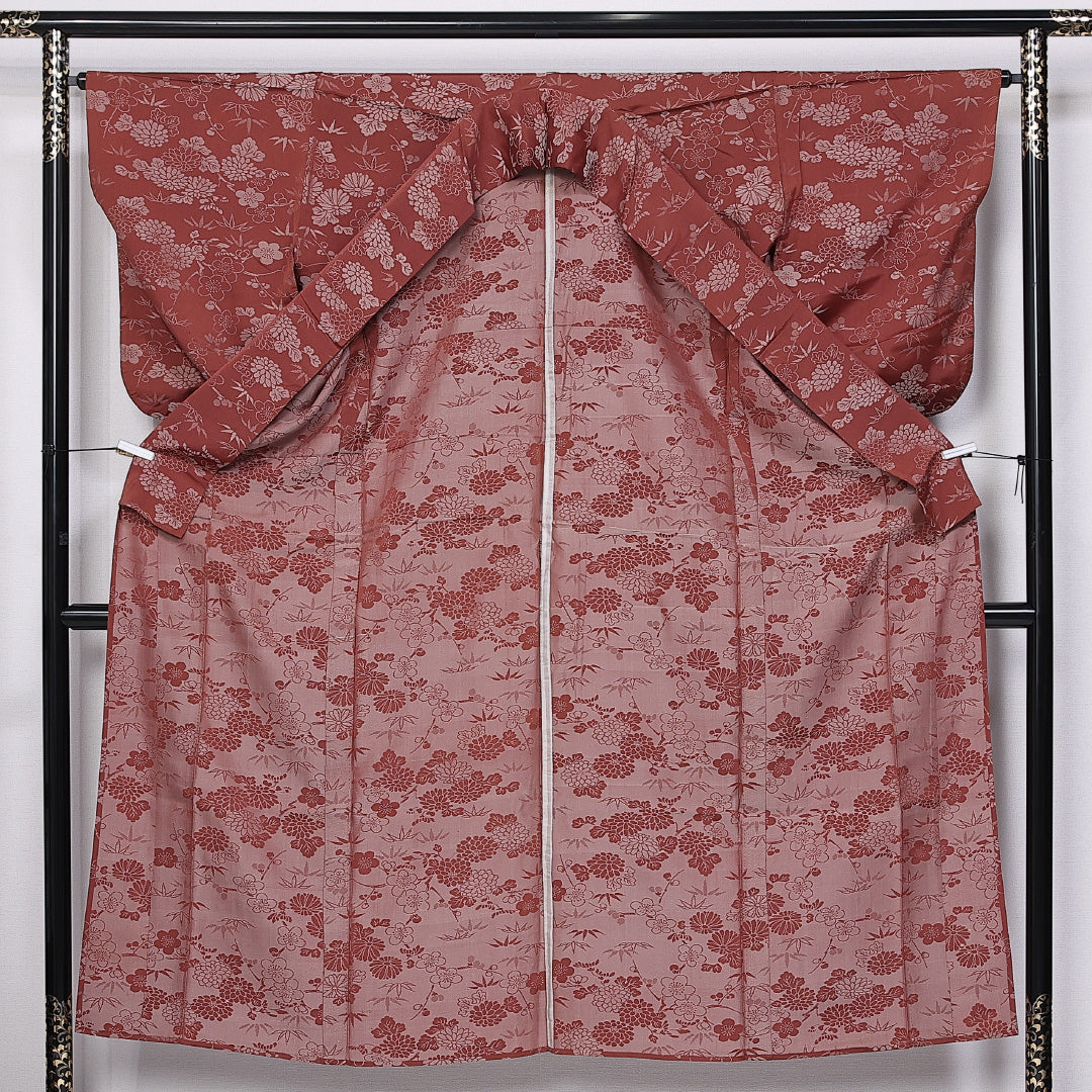 お召 身丈149cm 裄丈63.5cm XS 正絹 Bランク 単衣 広衿 菊 梅 笹 1265-11026