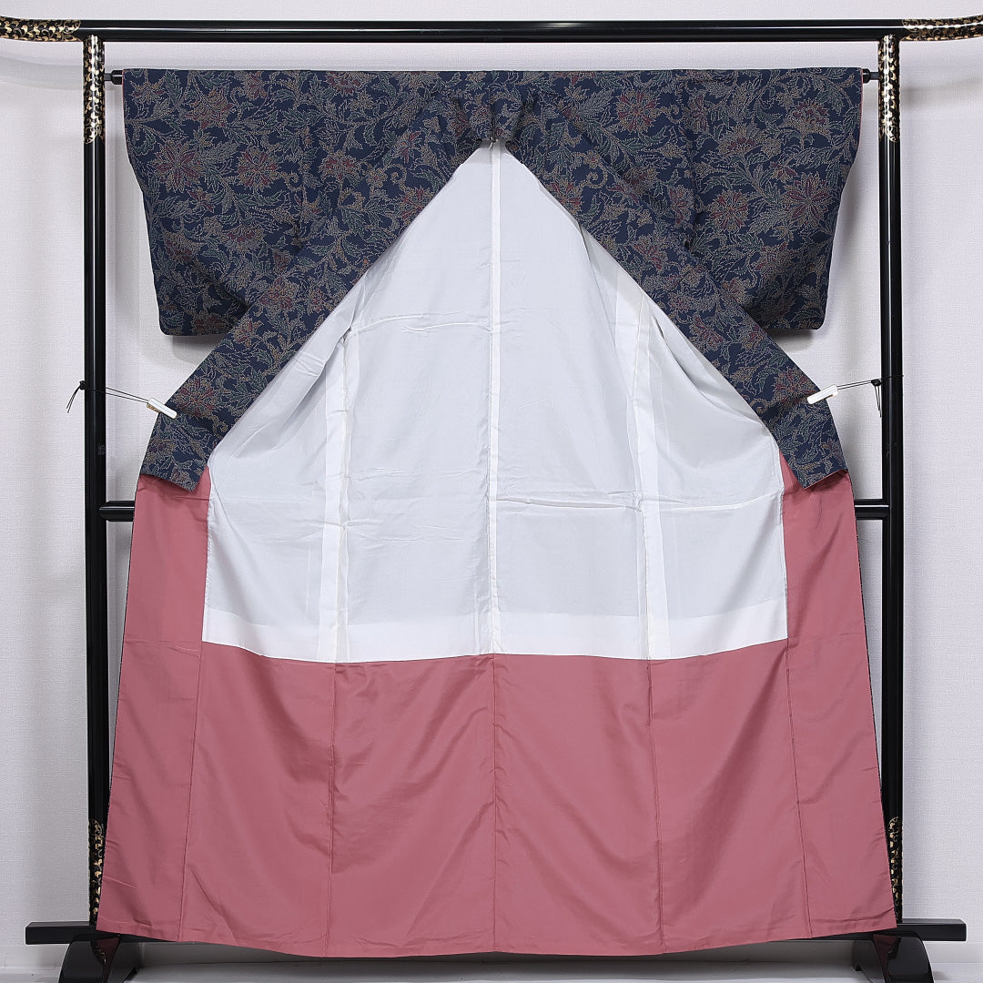紬 袷 身丈162cm 裄丈64cm 正絹 Dランク カジュアル 広衿 Lサイズ 唐華 紺系 LP 1223-11302