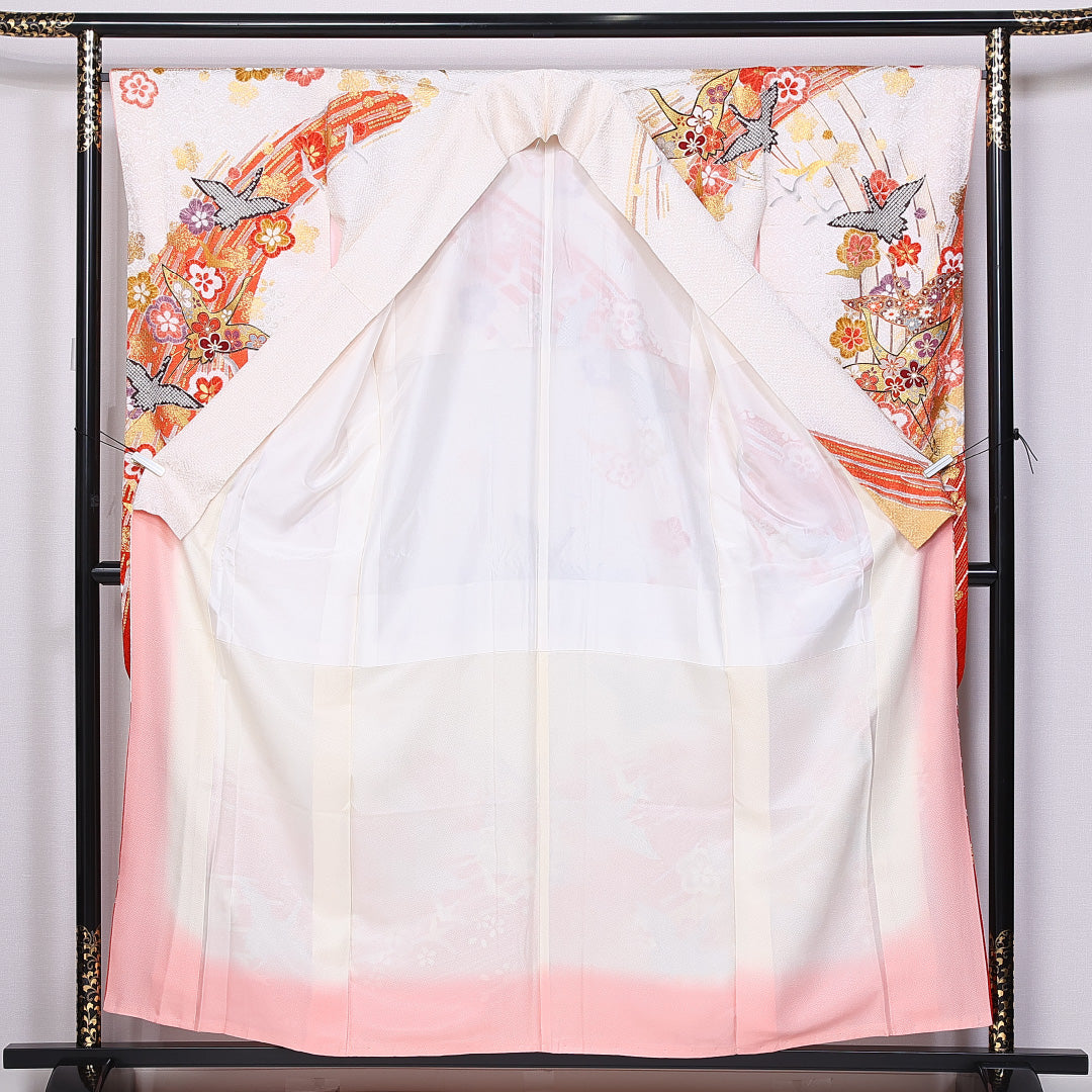 振袖 身丈154cm 裄丈63cm 袷 正絹 Sランク 広衿 梅 鶴 金糸 1213-F0381