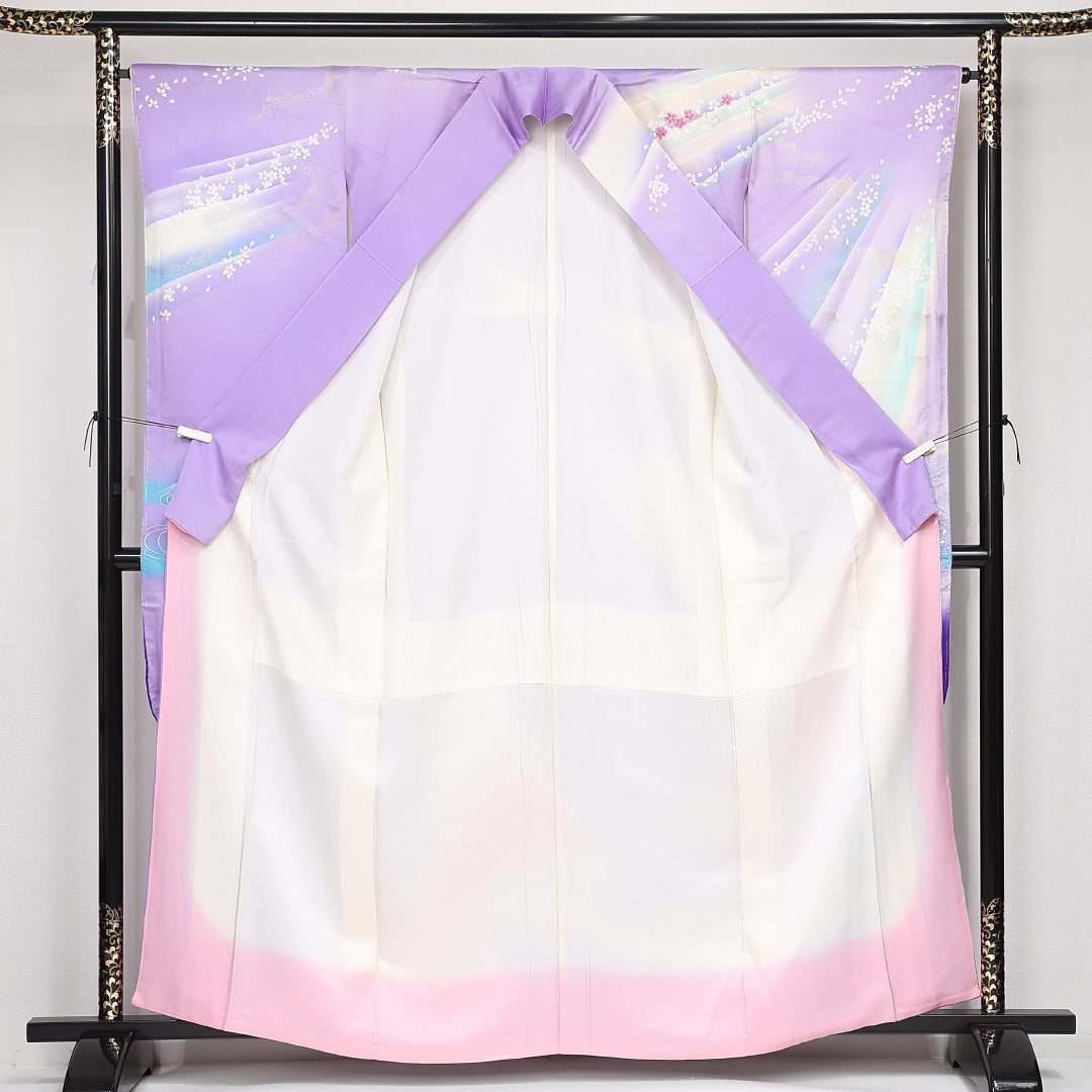 振袖 身丈161cm 裄丈65cm Bランク 正絹 袷 広衿 L しつけ糸 流水 吉祥文様 桜 フォーマル 紫系 1213-F0527