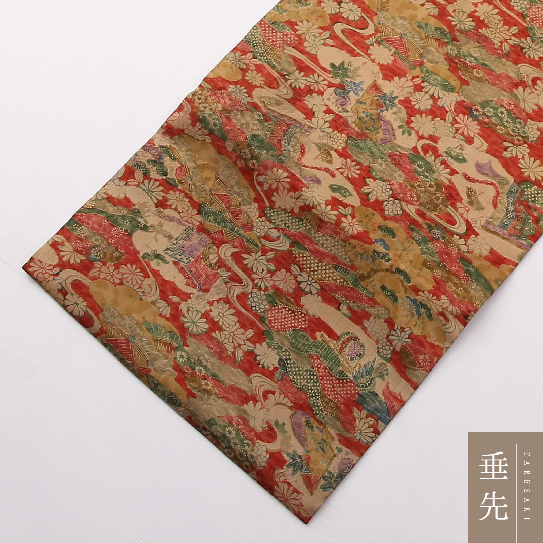 名古屋帯 全通 帯丈338cm カジュアル Sランク 正絹 御所解 赤系 1224-02375