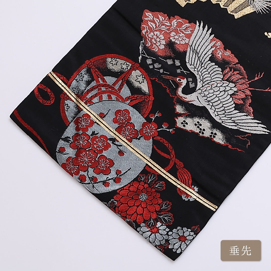 名古屋帯 帯丈325cm 六通 名古屋仕立て Aランク セミフォーマル 鶴 梅 丸紋 松 正絹 黒系 1224-01242