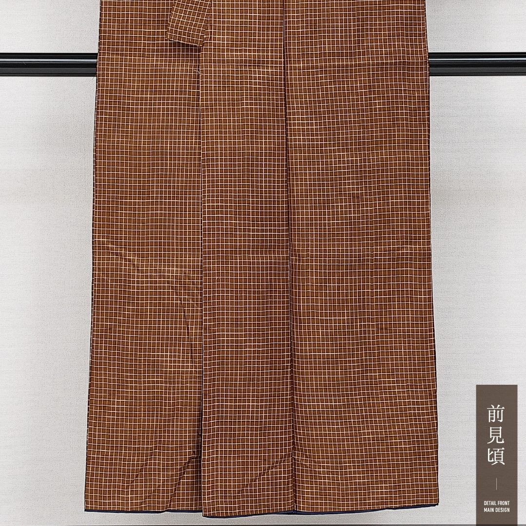 男着物 袷 身丈147cm 裄丈66cm 正絹 Aランク カジュアル 棒衿 Lサイズ 格子 茶系 RP 1224-14582