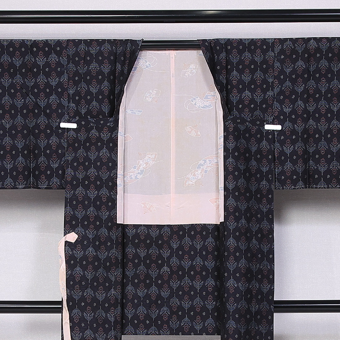 道行コート (大島紬) 袷 身丈87cm 裄丈62cm 正絹 Sランク インフォーマル Sサイズ チューリップ 黒系 RP 1237-10737