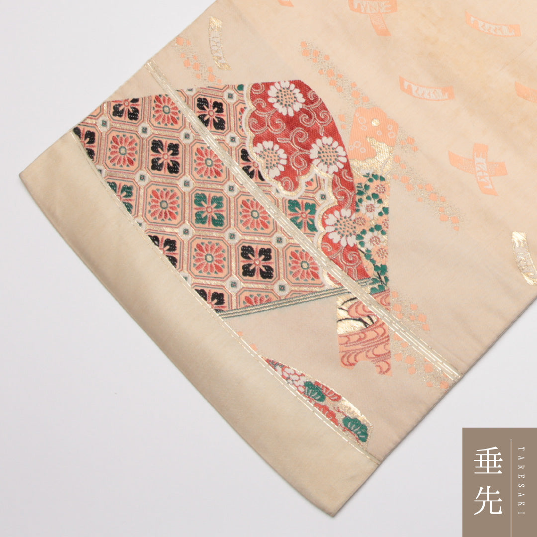 アンティーク 九寸名古屋帯 Cランク 帯丈329cm 正絹 六通 名古屋仕立て 織り 平安絵巻 調度品 クリーム系 LP 1245-01538