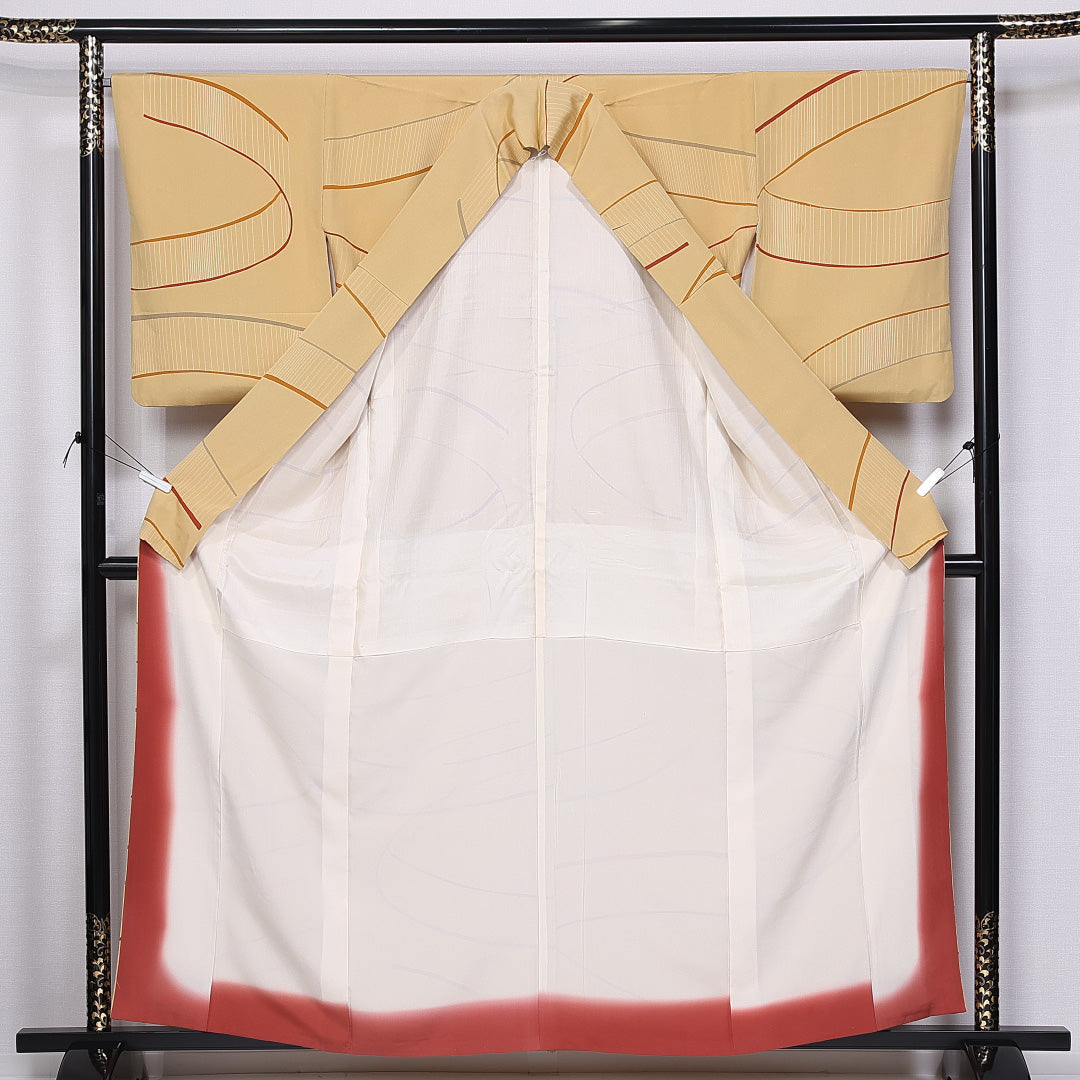 小紋 袷 身丈159cm 裄丈66cm 正絹 Cランク インフォーマル 広衿 Mサイズ 創作柄 黄系 LP 1221-11281