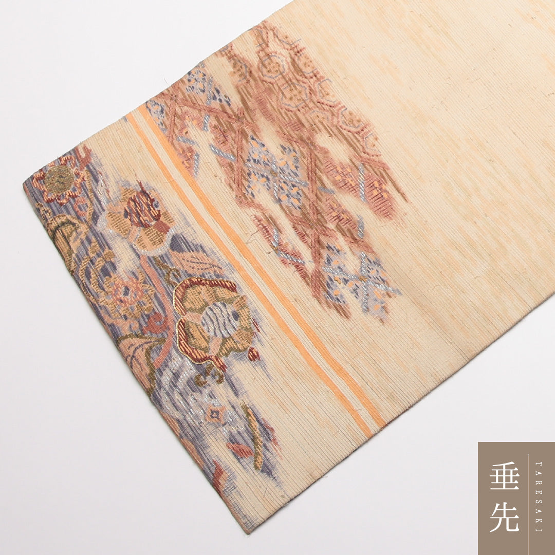 アンティーク 九寸名古屋帯 帯丈330cm 正絹 六通 名古屋仕立て 織り 金駒刺繍 紬 ひげ紬 亀甲 花柄 クリーム系 M4 1245-01765