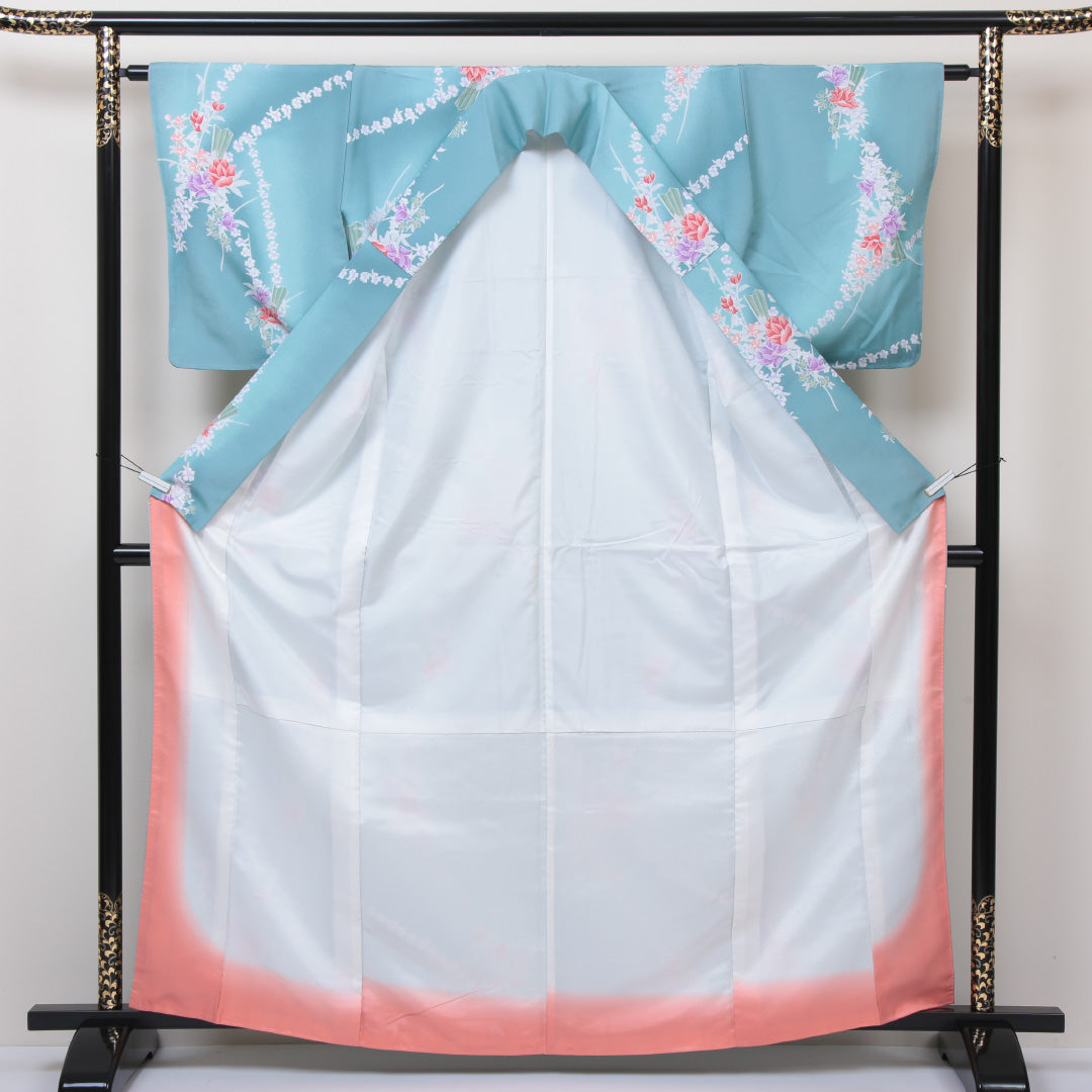 洗える着物 小紋 袷 身丈162cm 裄丈62cm ポリエステル Sランク インフォーマル 広衿 Lサイズ 花柄 緑系 RP 1221-01153
