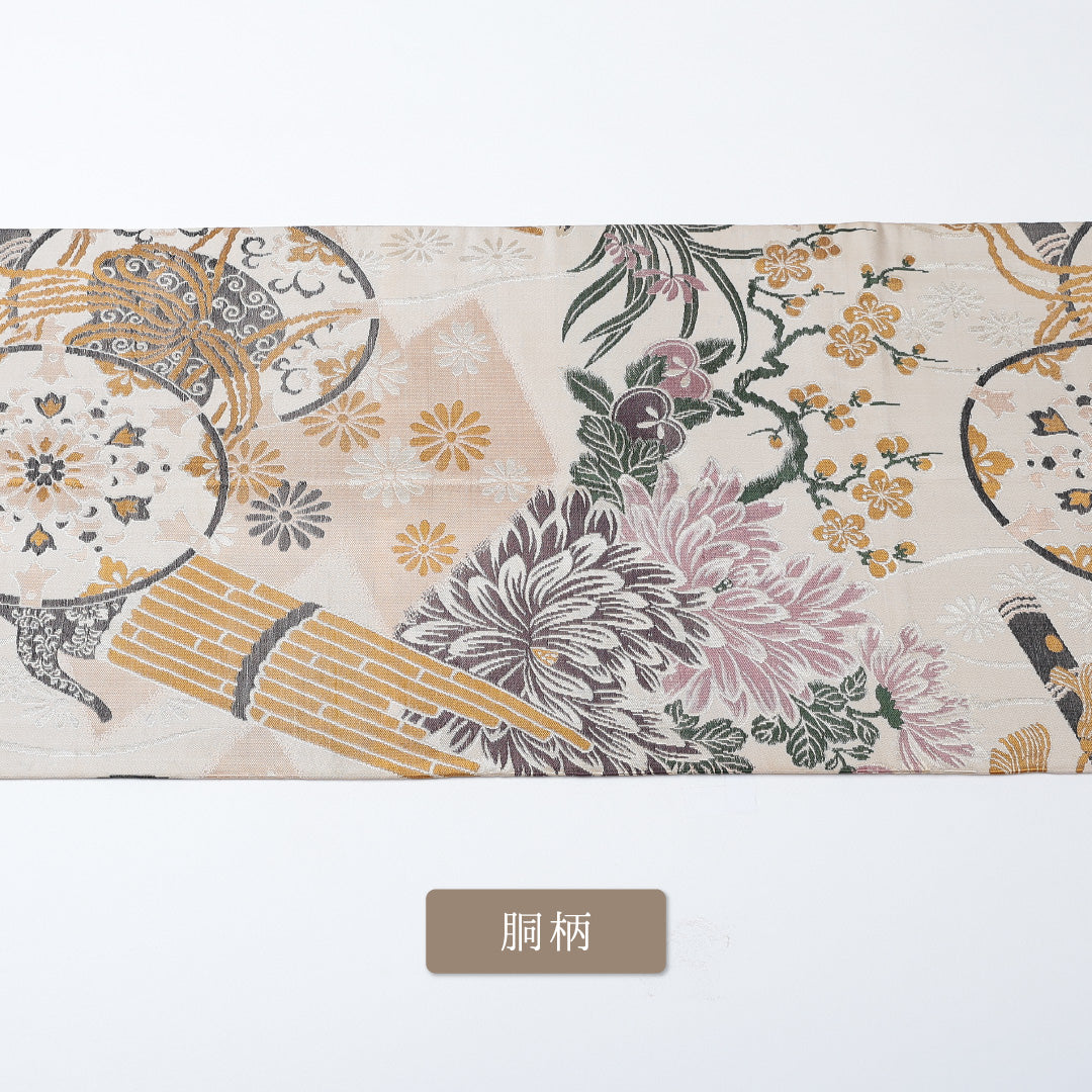 アンティーク 丸帯 帯丈388cm 全通 唐織 小鼓 フォーマル クリーム系 正絹 Aランク 1223-00630
