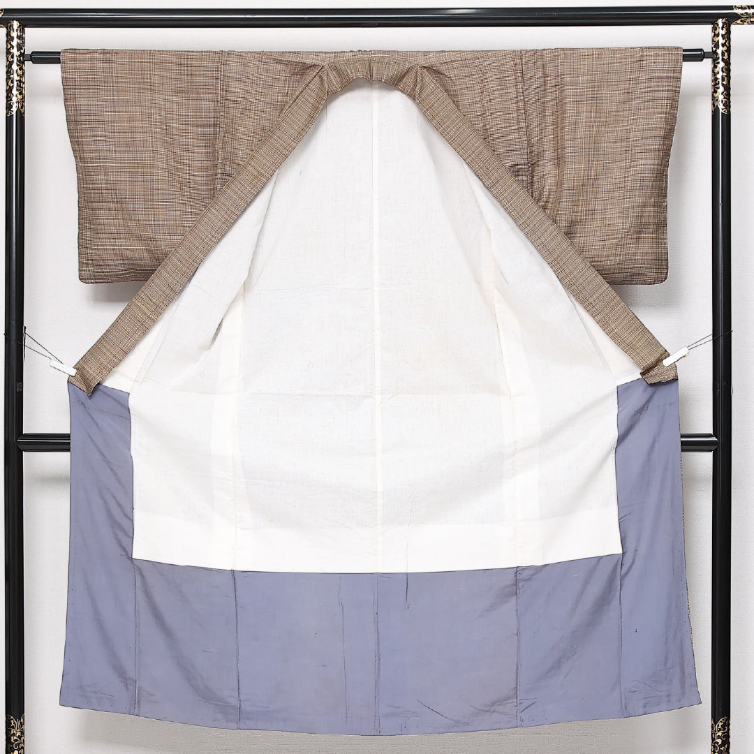紬 袷 身丈143cm 裄丈61cm 正絹 Cランク カジュアル バチ衿 XSサイズ 格子 茶系 HP 1223-13628