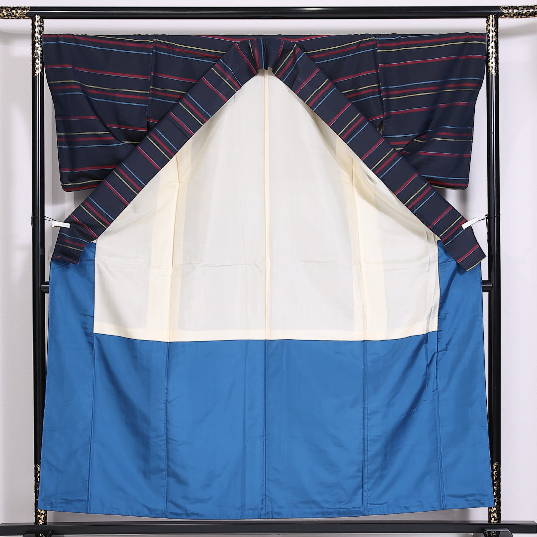大島紬 袷 身丈158cm 裄69cm 正絹 縞 紺系 Aランク 1216-01473