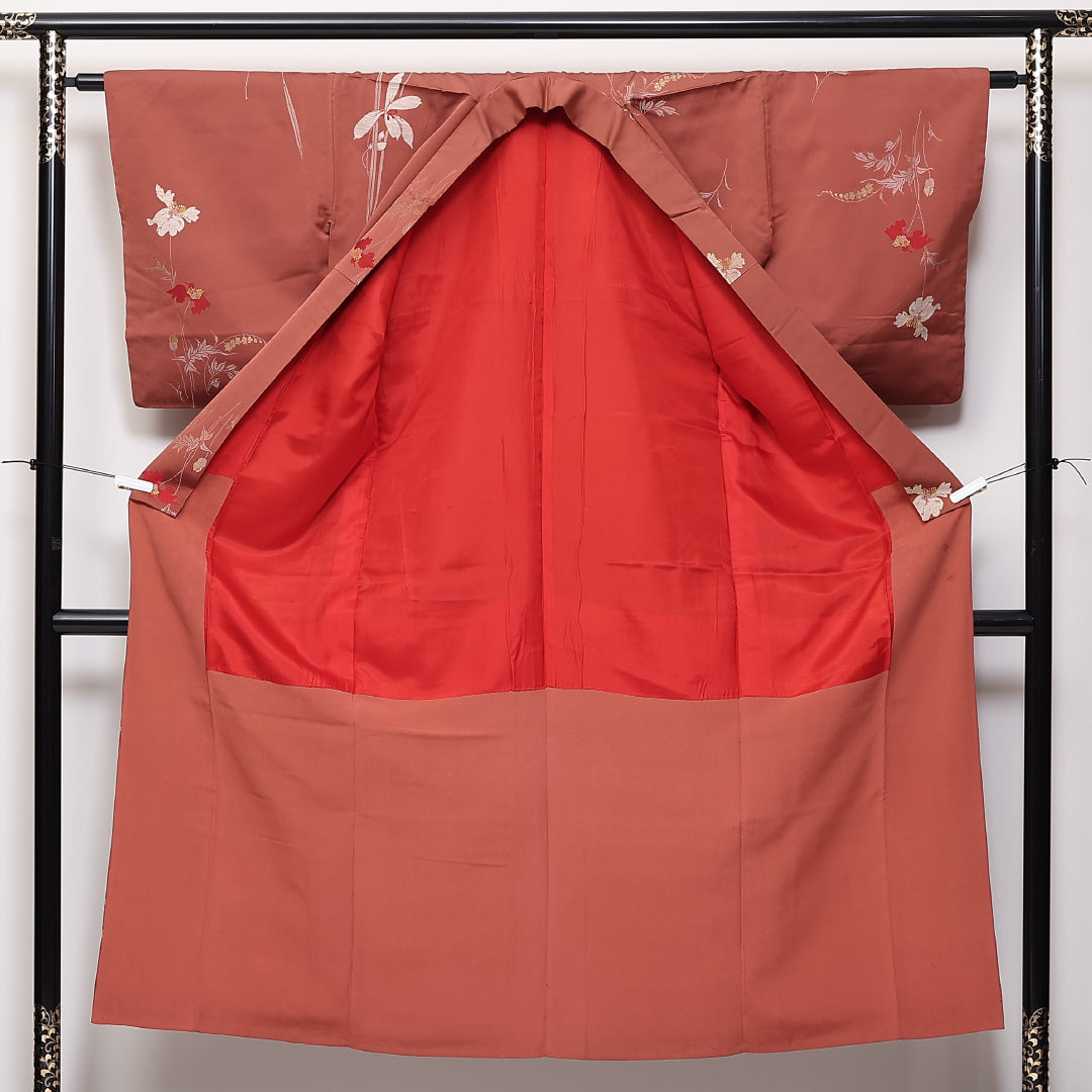 アンティーク 袷 身丈145cm 裄63cm 正絹 お召 草花 茶系 Cランク 1216-01356