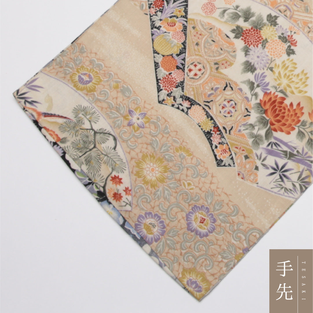 アンティーク 名古屋帯 帯丈360cm Aランク 開き仕立て 全通 木綿 檜扇 唐花 桜 リバーシブル セミフォーマル クリーム系 1224-01589