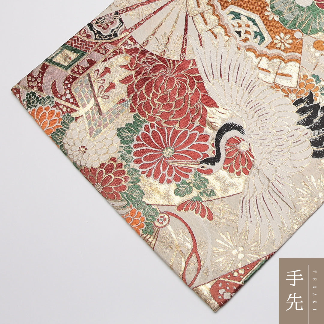 アンティーク 丸帯 帯丈372cm 正絹 全通 御所車 鶴 クリーム系 金系 1242-01189