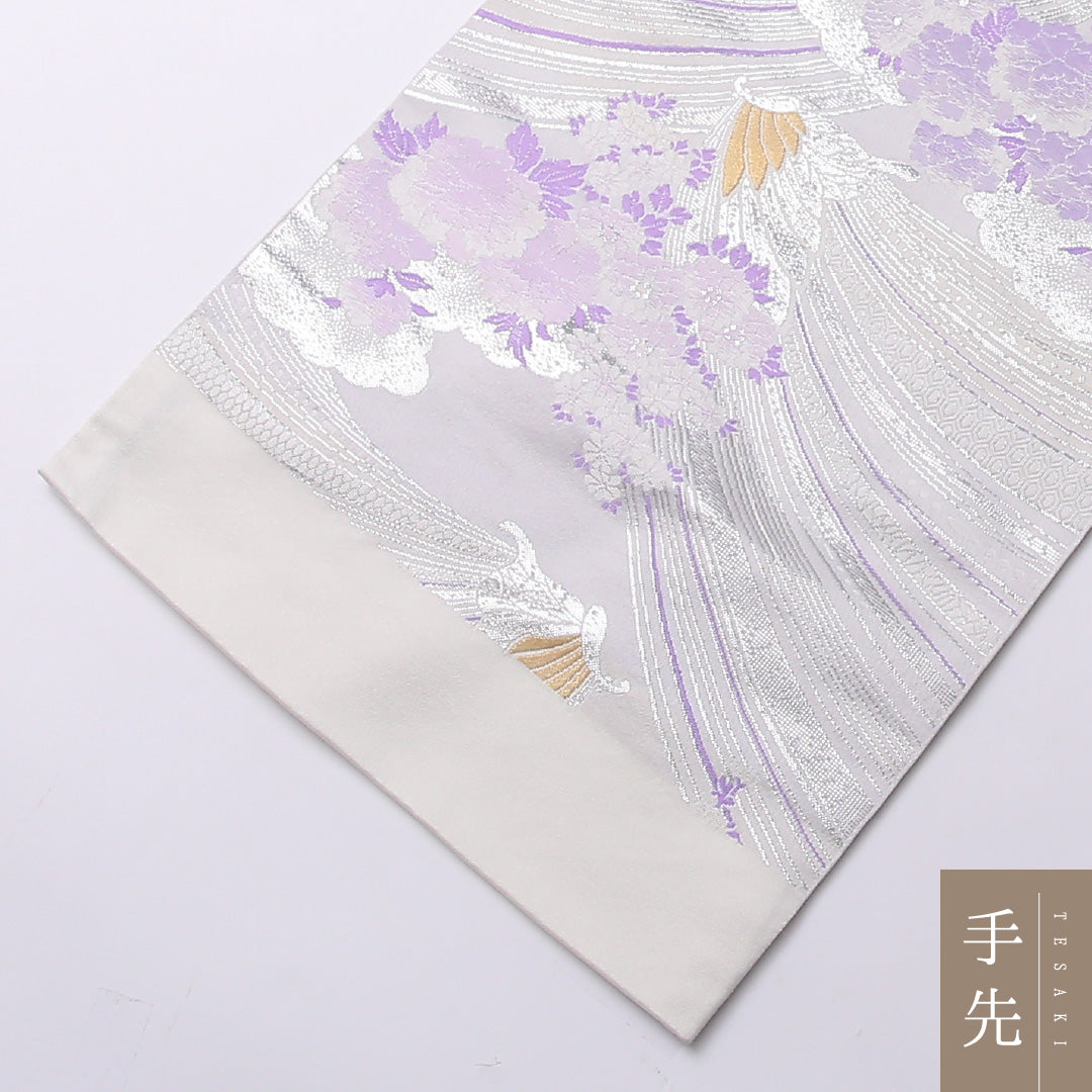 袋帯 帯丈440cm 六通 未仕立て 振袖帯 Sランク ポリエステル 蝶 麻の葉 牡丹 上品 華やか 銀系 1223-01587