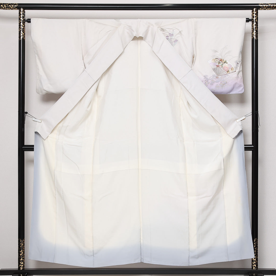 訪問着 袷 身丈147cm 裄丈63cm Sランク 正絹 広衿 XSサイズ セミフォーマル 扇 菊 古典的 気品 白系 1212-13596