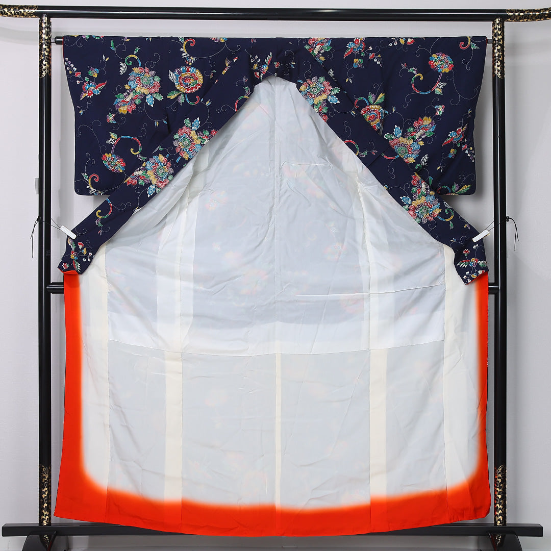小紋 身丈162cm 裄丈65cm Sランク L 正絹 袷 広衿 菊 牡丹 カジュアル 紺系 1215-12374