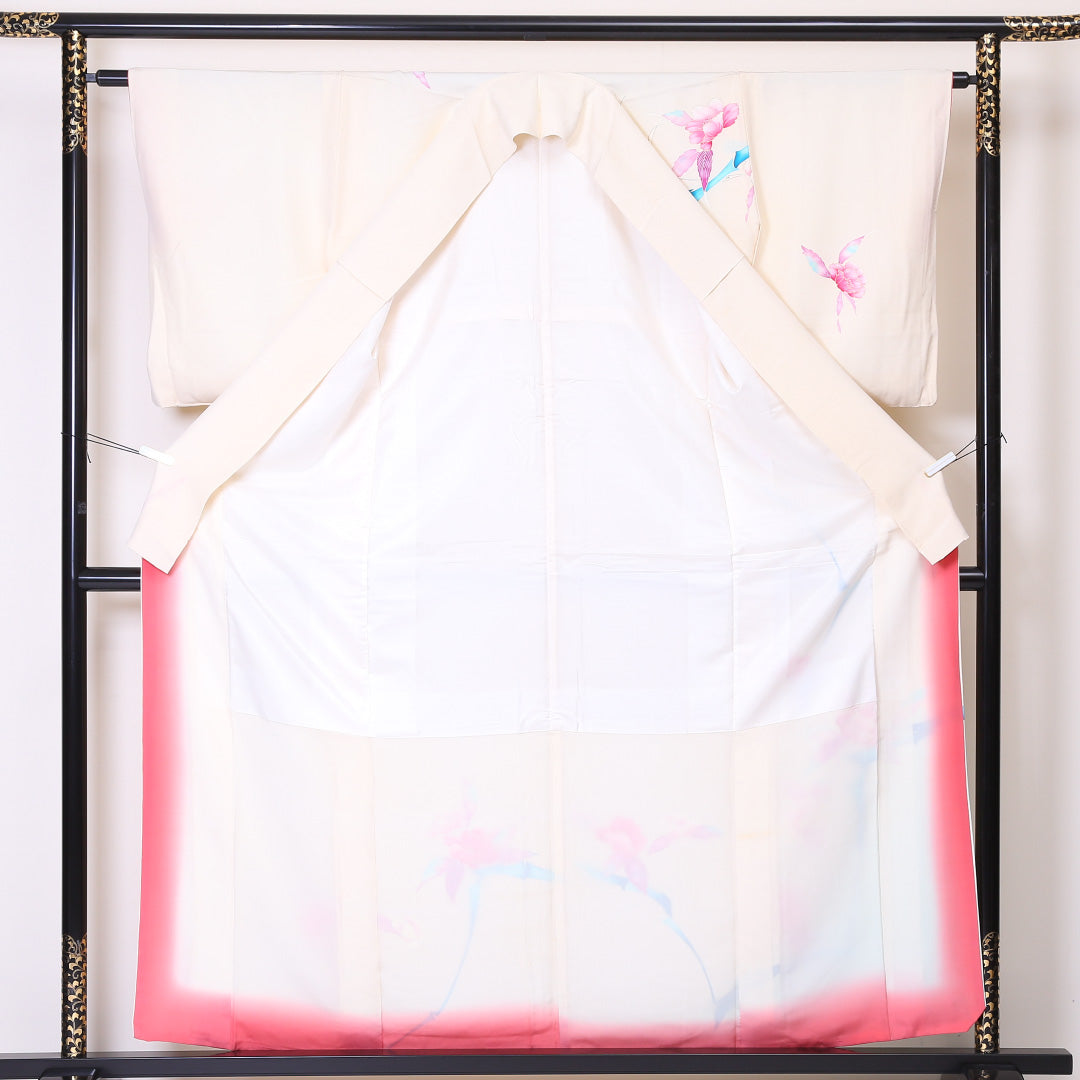 訪問着 袷 身丈161cm 裄丈62cm 正絹 Cランク Lサイズ 広衿 セミフォーマル 牡丹 金駒刺繍 クリーム系 1212-04478