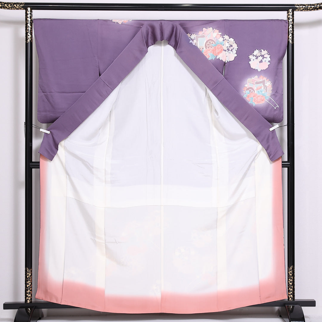 訪問着 袷 身丈161cm 裄丈65cm 正絹 Cランク セミフォーマル 広衿 Lサイズ ぼかし染 花車 紫系 LP 1217-04816
