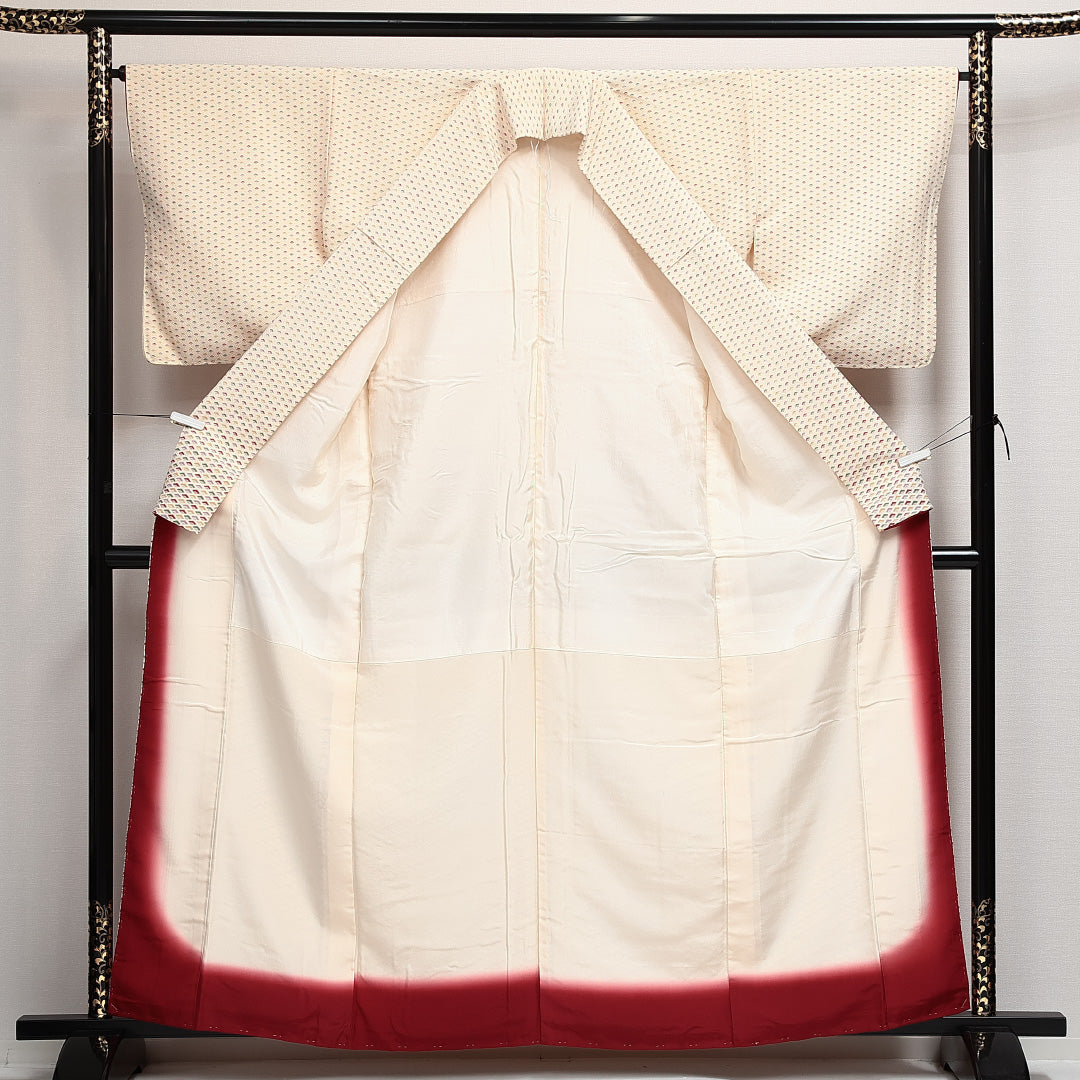未使用品 付下げ 袷 身丈160cm 裄丈63cm 正絹 Sランク インフォーマル 広衿 Lサイズ しつけ糸 扇 クリーム系 RP 1218-14009