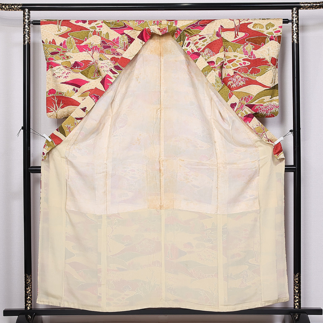 小紋 袷 身丈156cm 裄丈62cm 正絹 Bランク インフォーマル 広衿 Mサイズ 風景柄 ベージュ系 HP 1221-11063