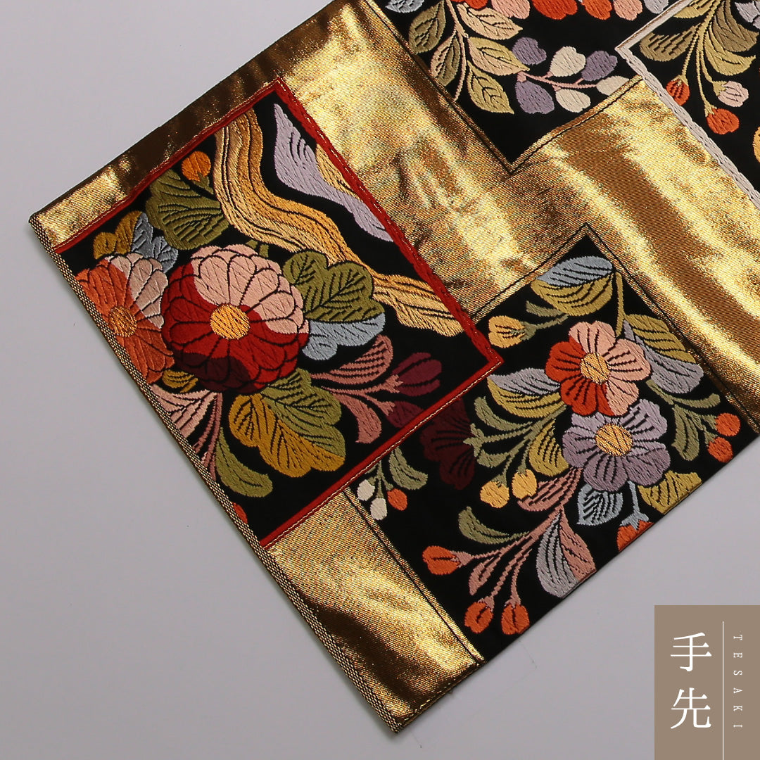 袋帯 帯丈432cm 全通 フォーマル Sランク 正絹 花柄 花絵札 菖蒲 古典的 華やか 金系 1223-01431