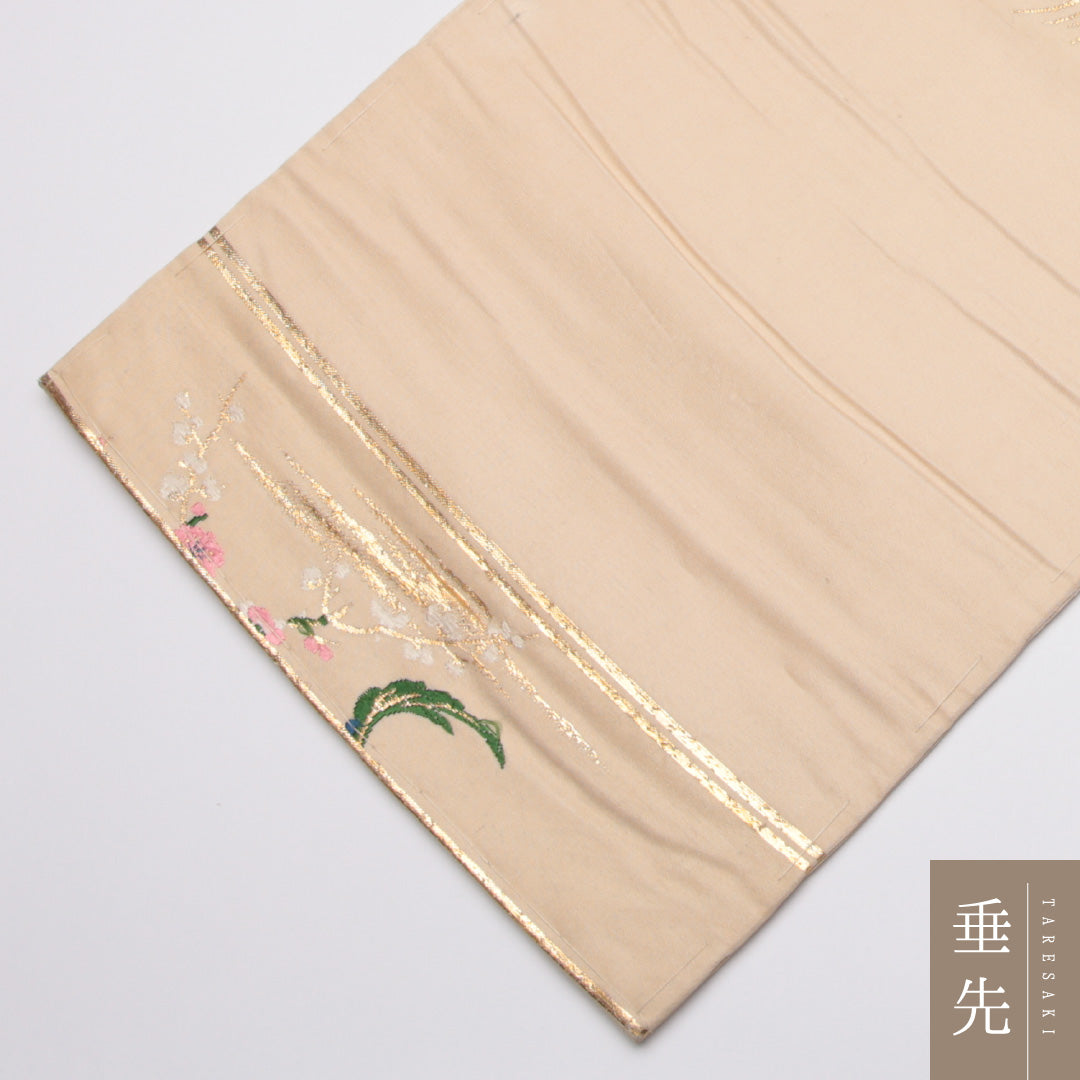 アンティーク 名古屋帯 帯丈323cm Cランク 名古屋仕立て 六通 正絹 孔雀 桜 梅 金糸 セミフォーマル クリーム系 1224-01515