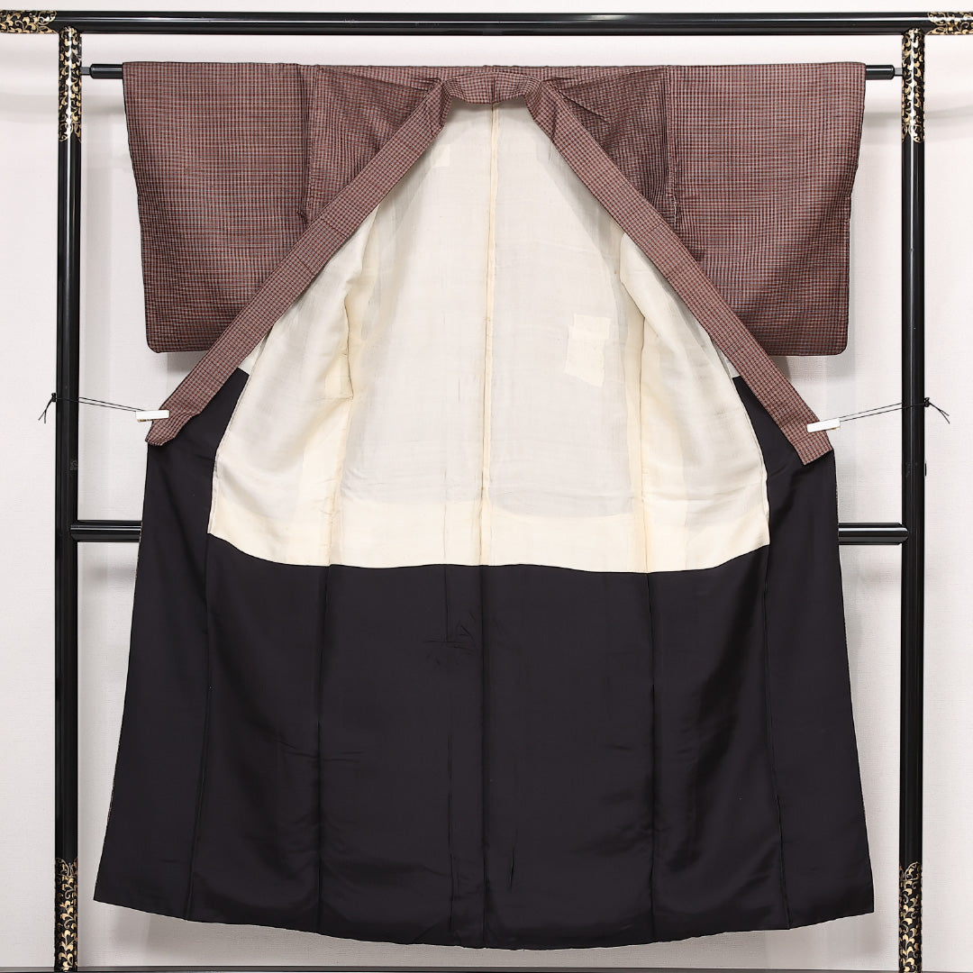 紬 袷 身丈152cm 裄丈62cm 正絹 Cランク カジュアル バチ衿 Sサイズ 格子 茶系 HP 1223-13383