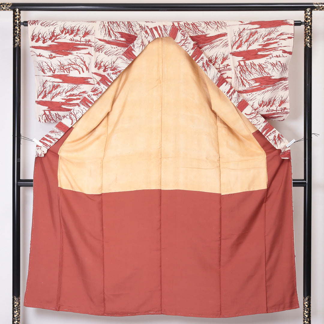 小紋 袷 身丈145cm 裄64cm 正絹 植物柄 クリーム系 Bランク 1215-01997