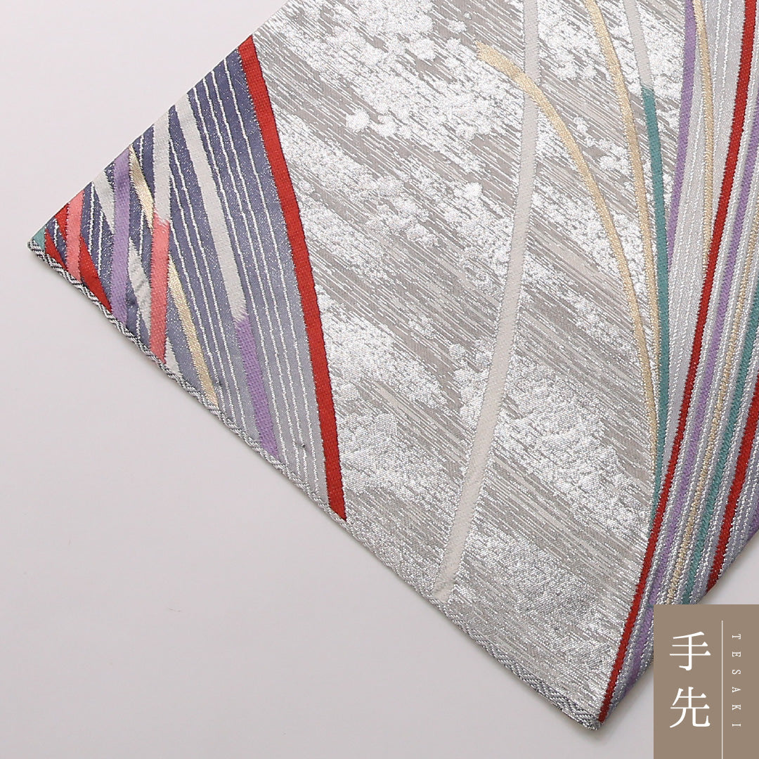 振袖用 袋帯 帯丈424cm 正絹 六通 創作柄 銀系 1243-01659