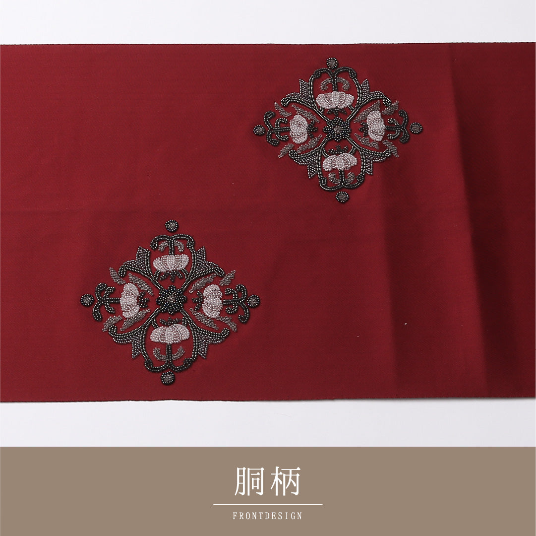 八寸 名古屋帯 帯丈354cm 松葉仕立て ポイント柄 Aランク カジュアル 正絹 刺繍 ダマスク柄 ビーズ 上品 シンプル 赤系 1224-02763