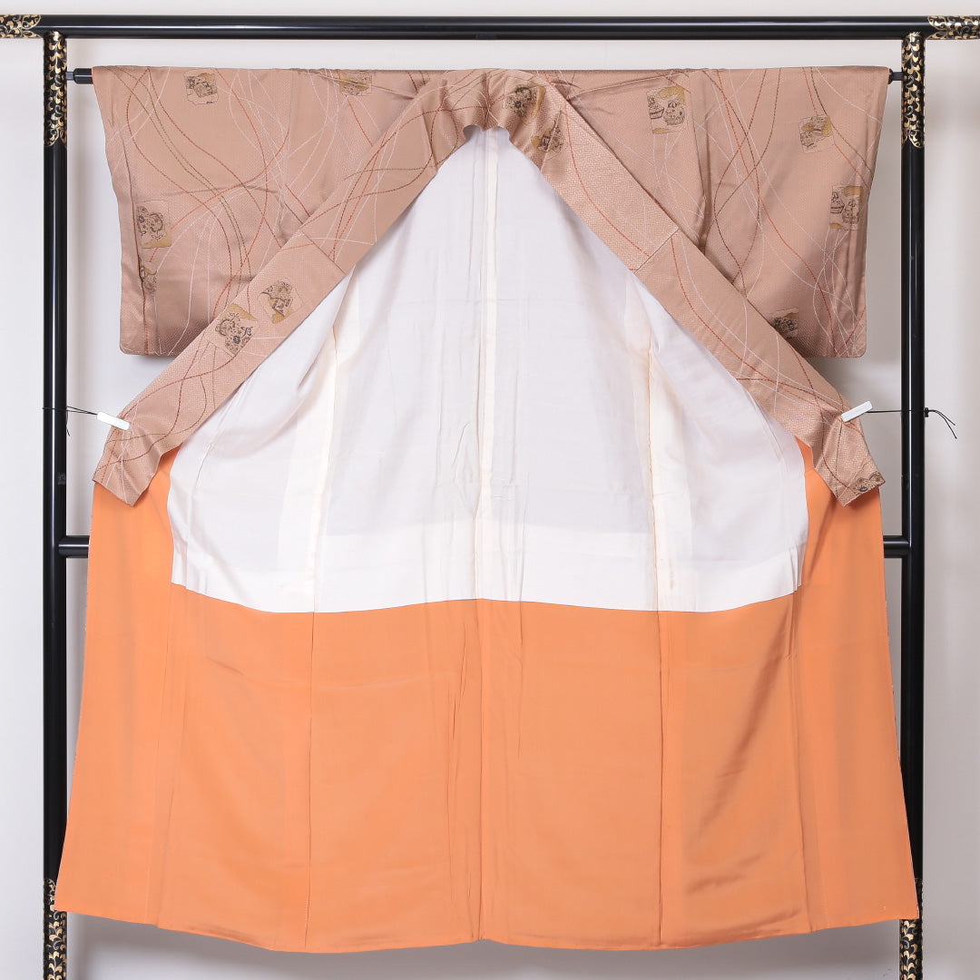 小紋 袷 身丈149cm 裄丈64cm 正絹 Sランク インフォーマル 広衿 XSサイズ 茶道具 ベージュ系 RP 1221-01984