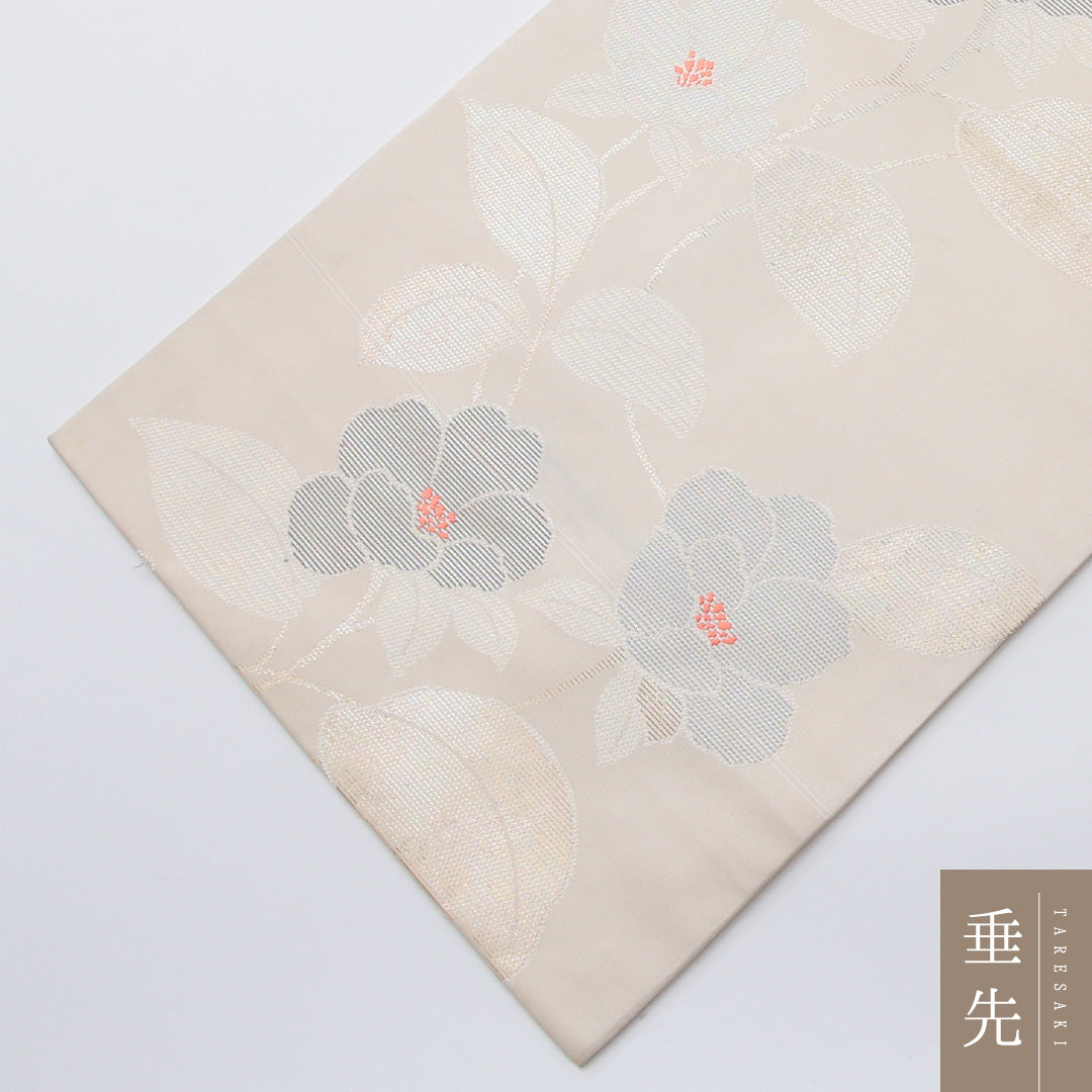 夏物 名古屋帯 六通 帯丈364cm カジュアル Cランク 正絹 椿 クリーム系 1224-02038