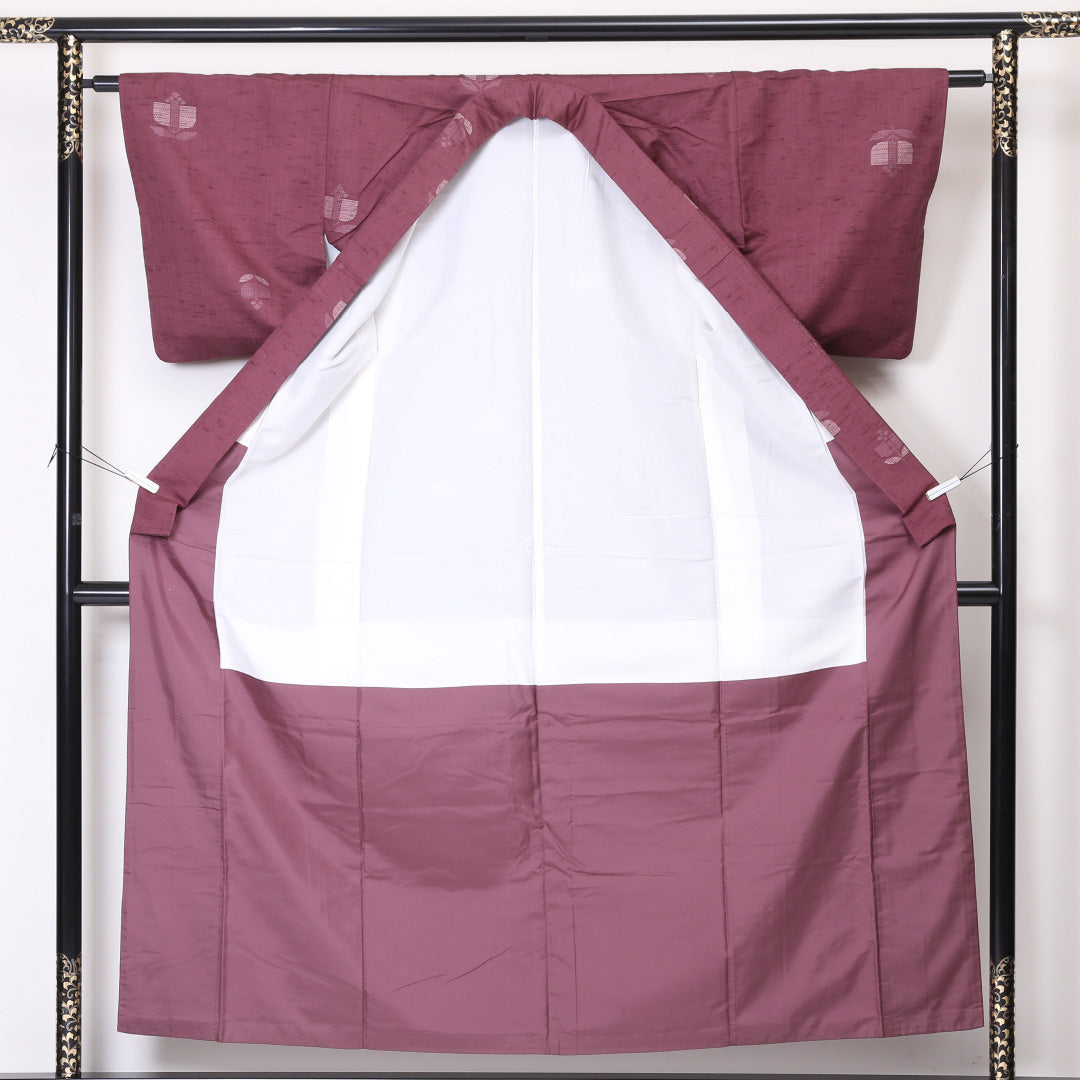 真綿紬 袷 身丈155cm 裄丈62cm 正絹 Sランク カジュアル バチ衿 Mサイズ 椿 紫系 RP 1223-03336