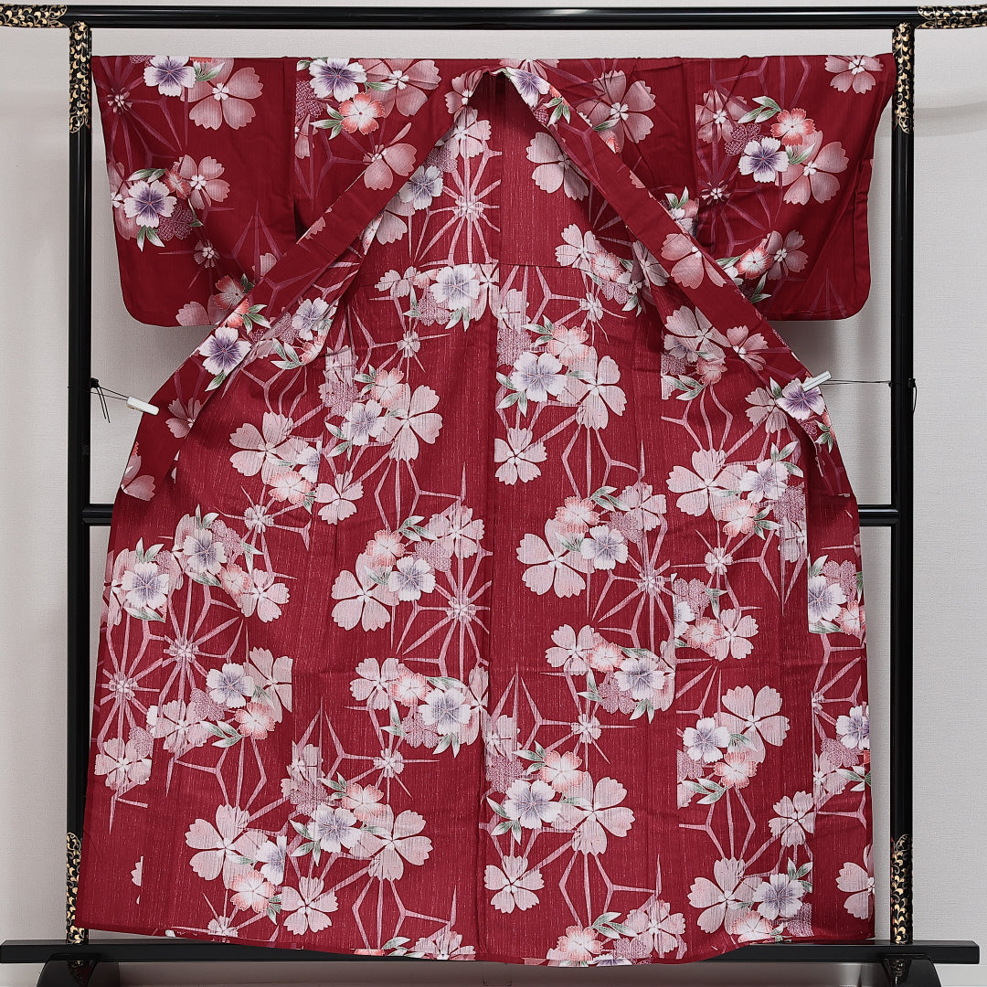 浴衣 夏物 洗える着物 身丈158cm 裄丈65cm Sランク 木綿 バチ衿 Mサイズ カジュアル 花柄 シック 華やか 赤系 1218-14283