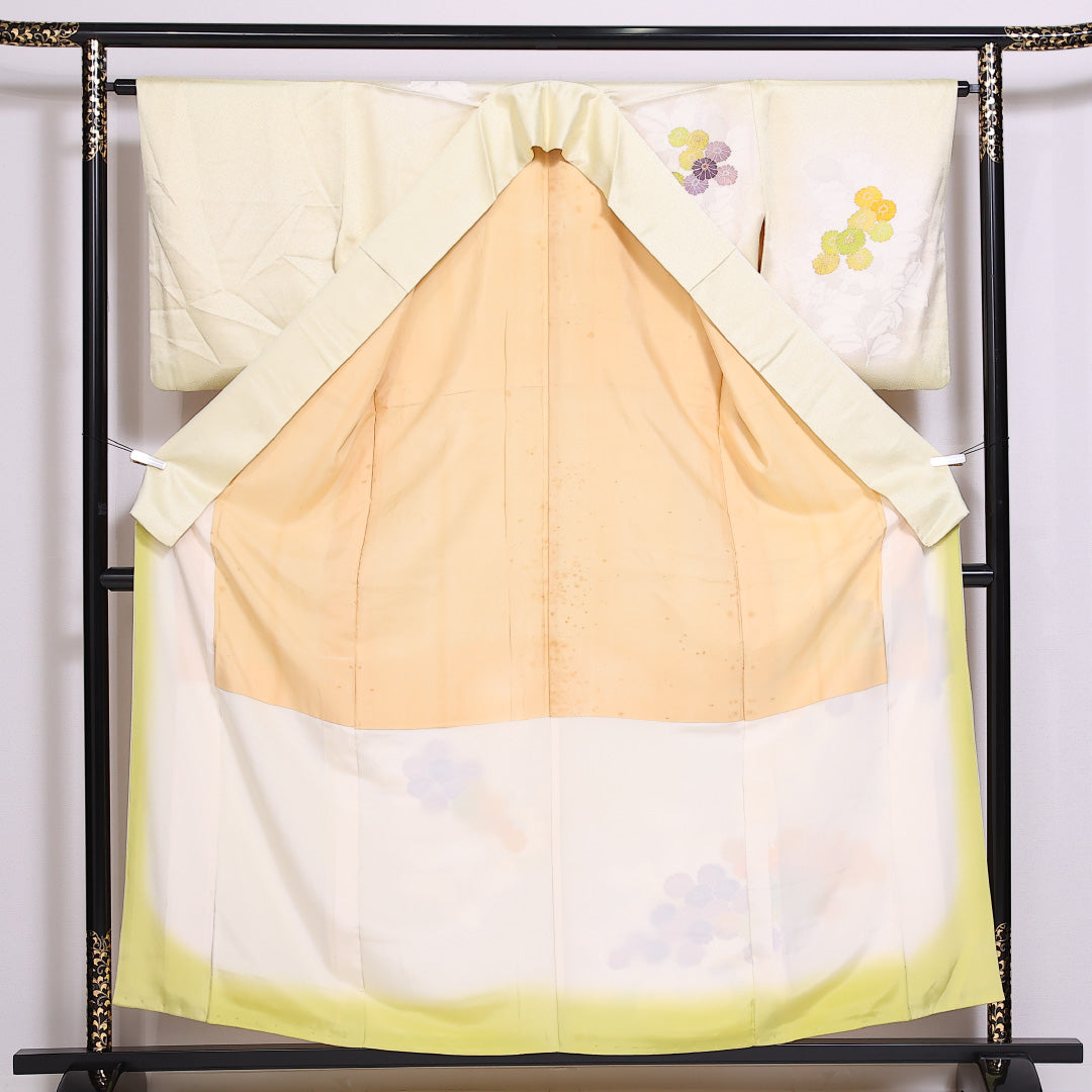 訪問着 袷 身丈156cm 裄丈63cm 正絹 Bランク セミフォーマル 広衿 Mサイズ 菊 黄系 RP 1217-04813