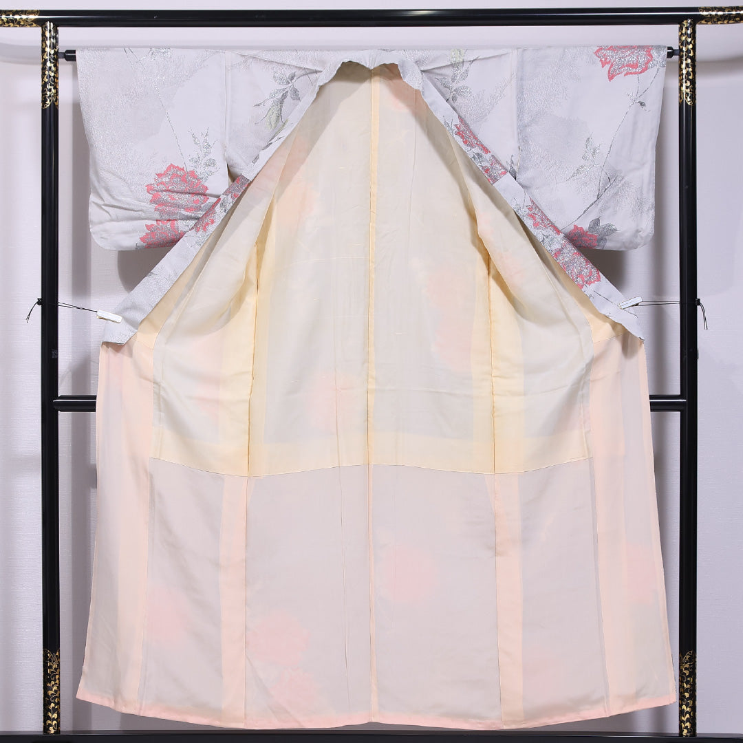 アンティーク 小紋 (お召) 袷 身丈154cm 裄丈64cm 正絹 Cランク バチ衿 Sサイズ 漆糸 薔薇 グレー系 RP 1221-11657