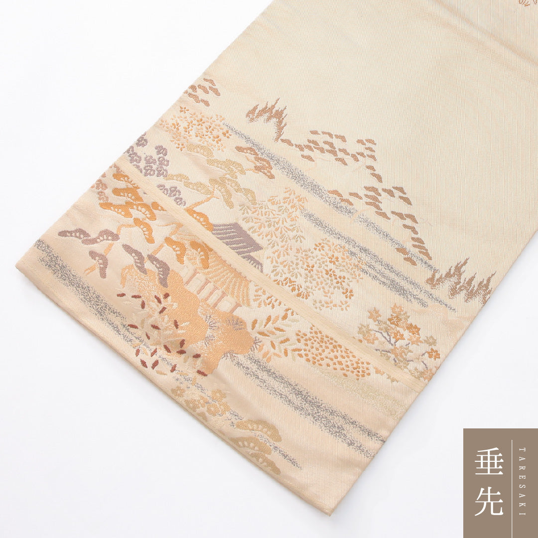 九寸名古屋帯 帯丈329cm セミフォーマル 名古屋仕立て 六通 未仕立て Cランク 正絹 茶屋辻 ベージュ系 1224-04144