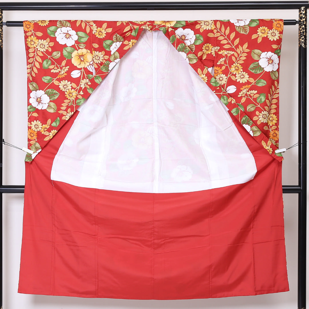 小紋 袷 身丈141cm 裄丈59cm 正絹 Sランク インフォーマル バチ衿 XSサイズ 椿 赤系 RP 1221-01967