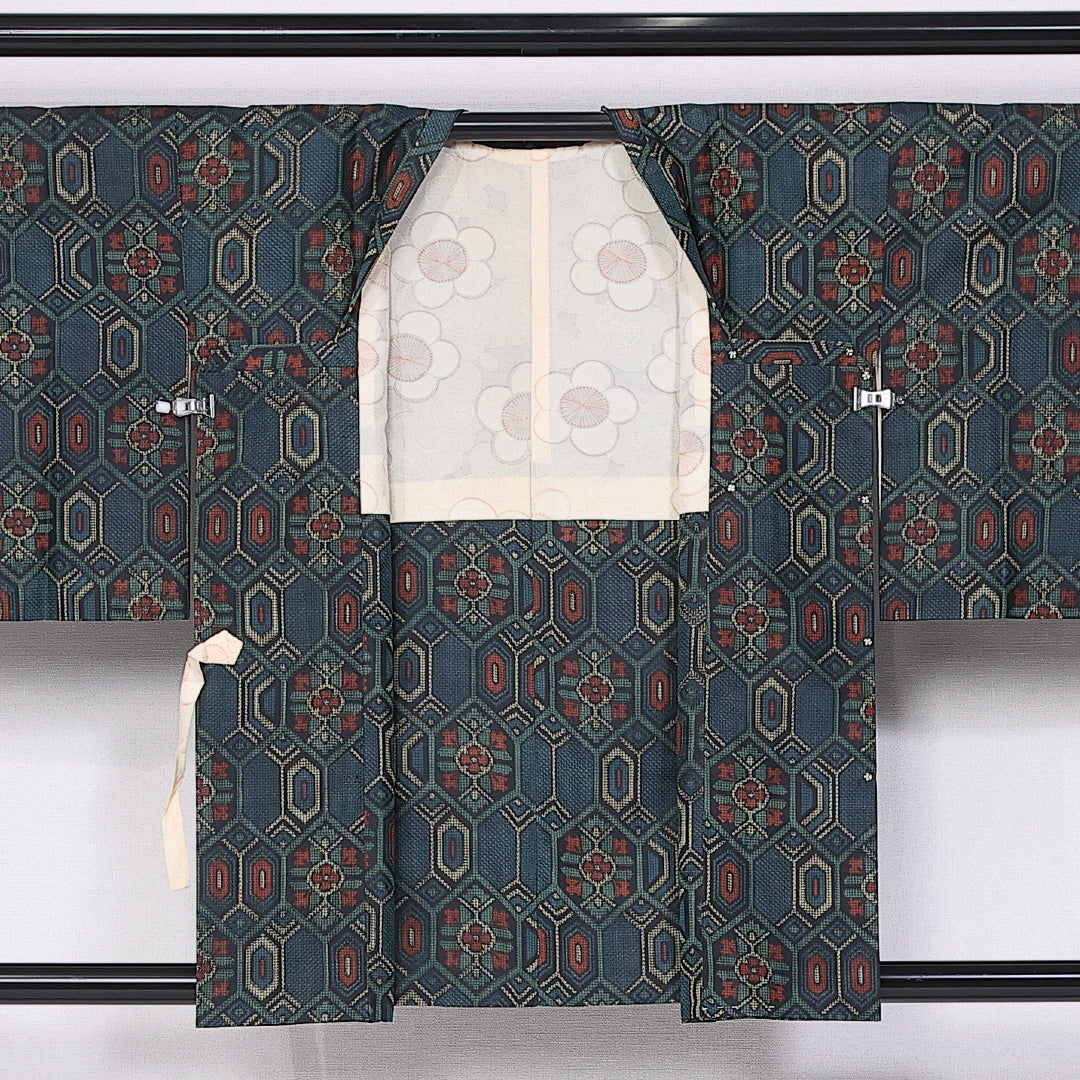 道行コート 身丈82cm 裄丈64cm M 正絹 Sランク 袷 紬 亀甲 1263-10774