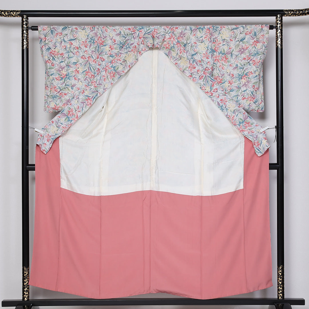 小紋 袷 身丈155cm 裄61.5cm 正絹 花柄 ボタニカル ちりめん 水色系 Aランク 1215-02447